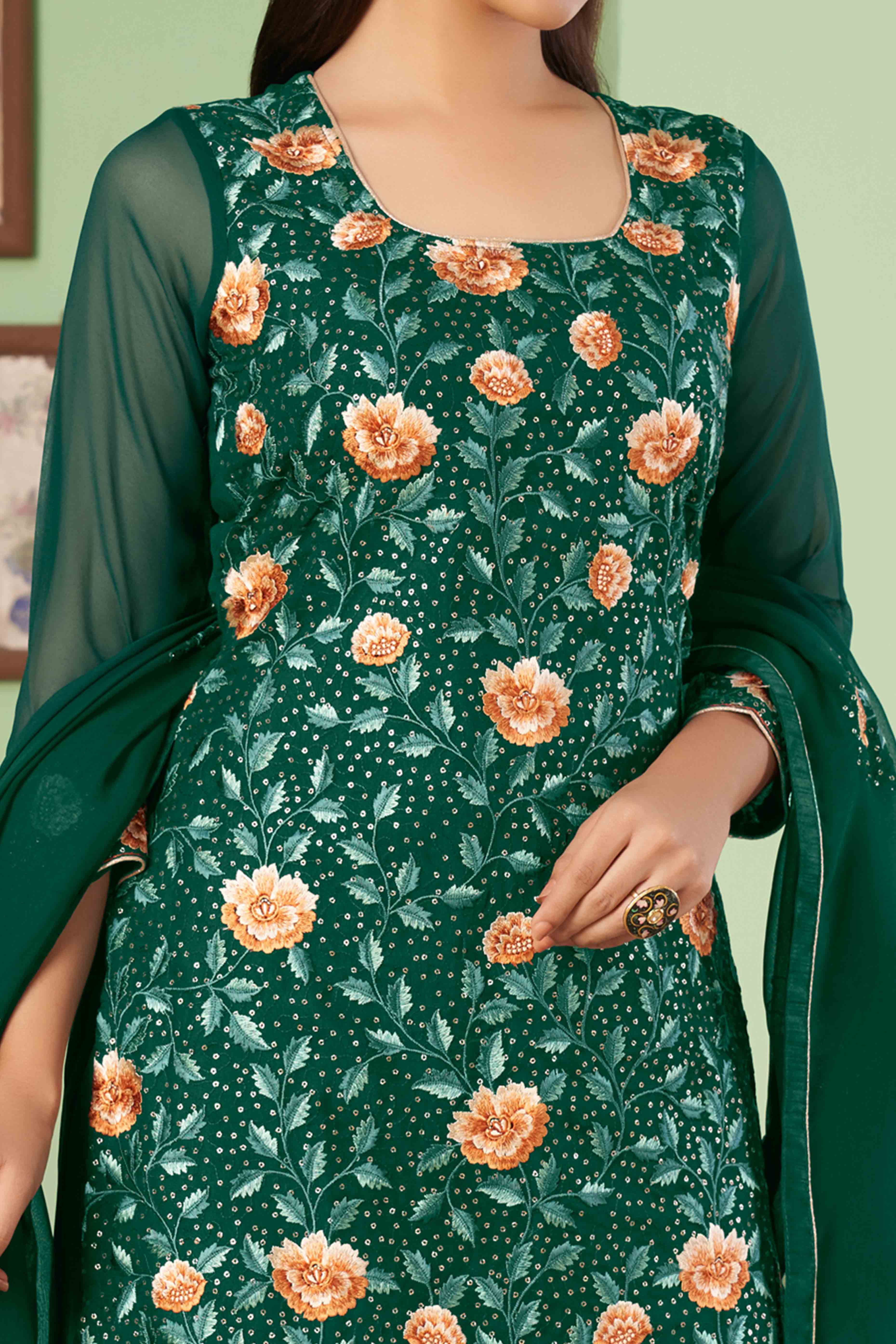 Green Floral Sequins Embroidered Georgette Semi Stitched Suit - Image 2