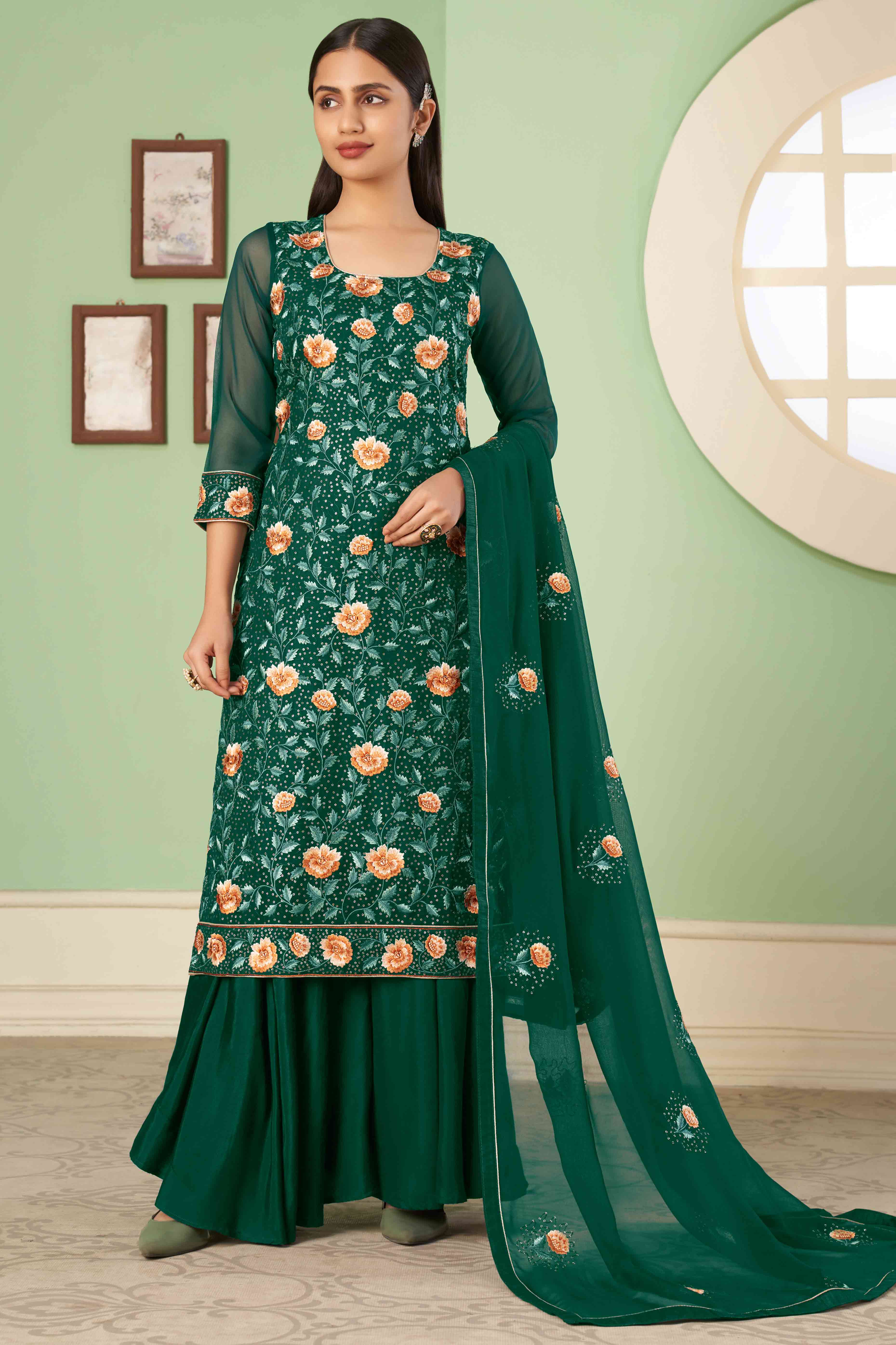 Green Floral Sequins Embroidered Georgette Semi Stitched Suit - Image 3