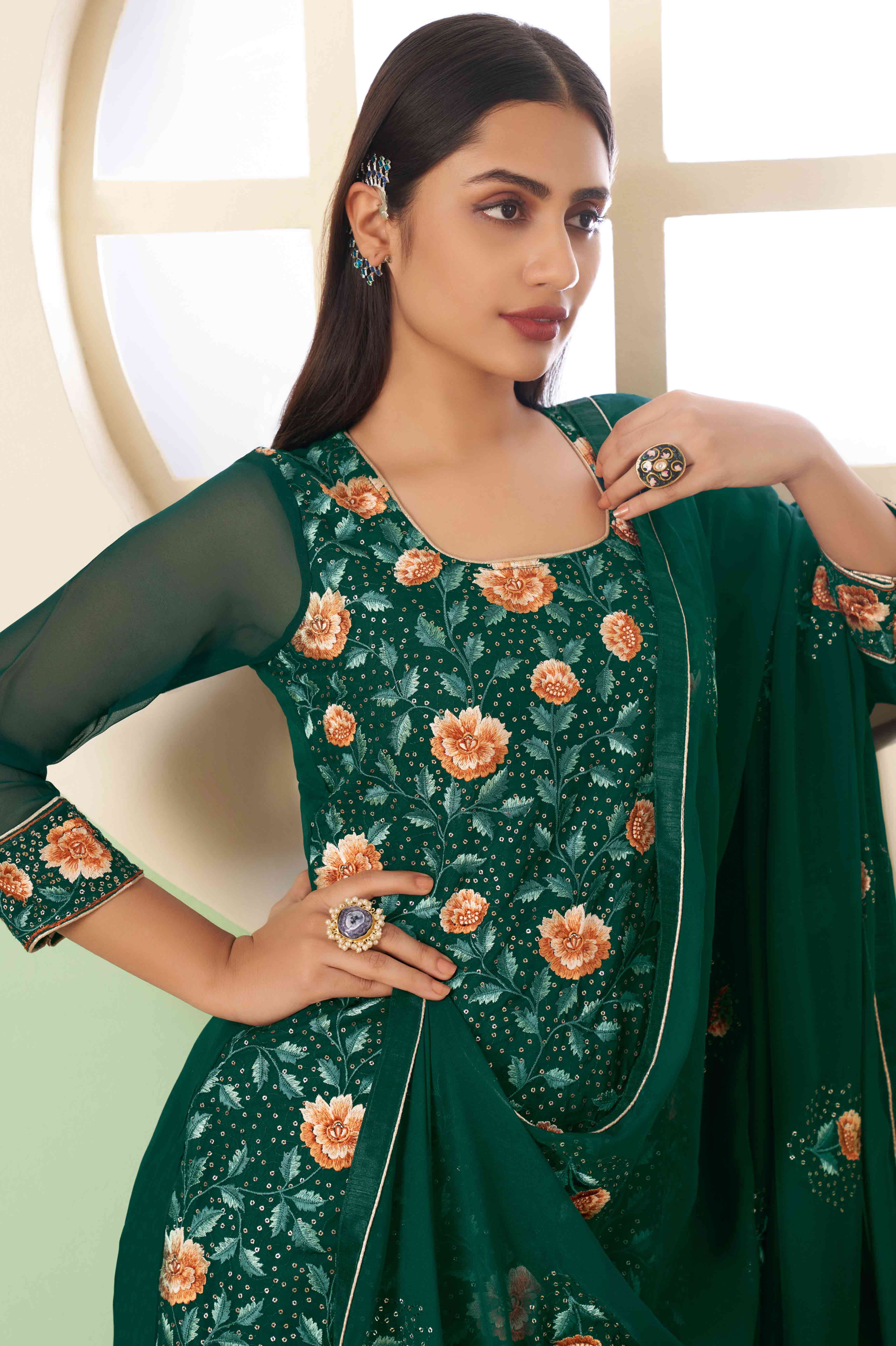 Green Floral Sequins Embroidered Georgette Semi Stitched Suit - Image 4
