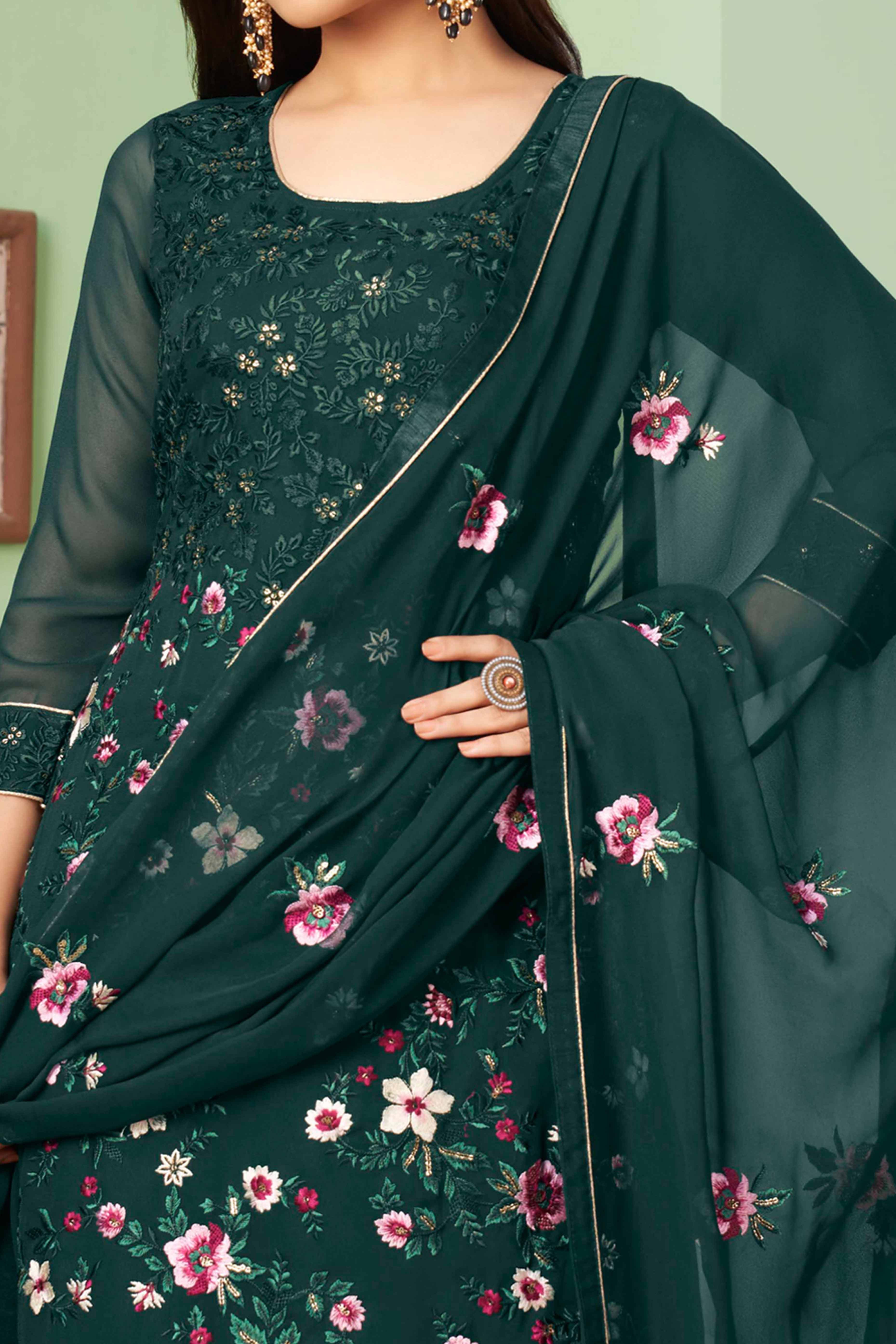 Green Floral Sequins Embroidered Georgette Semi Stitched Suit - Image 2