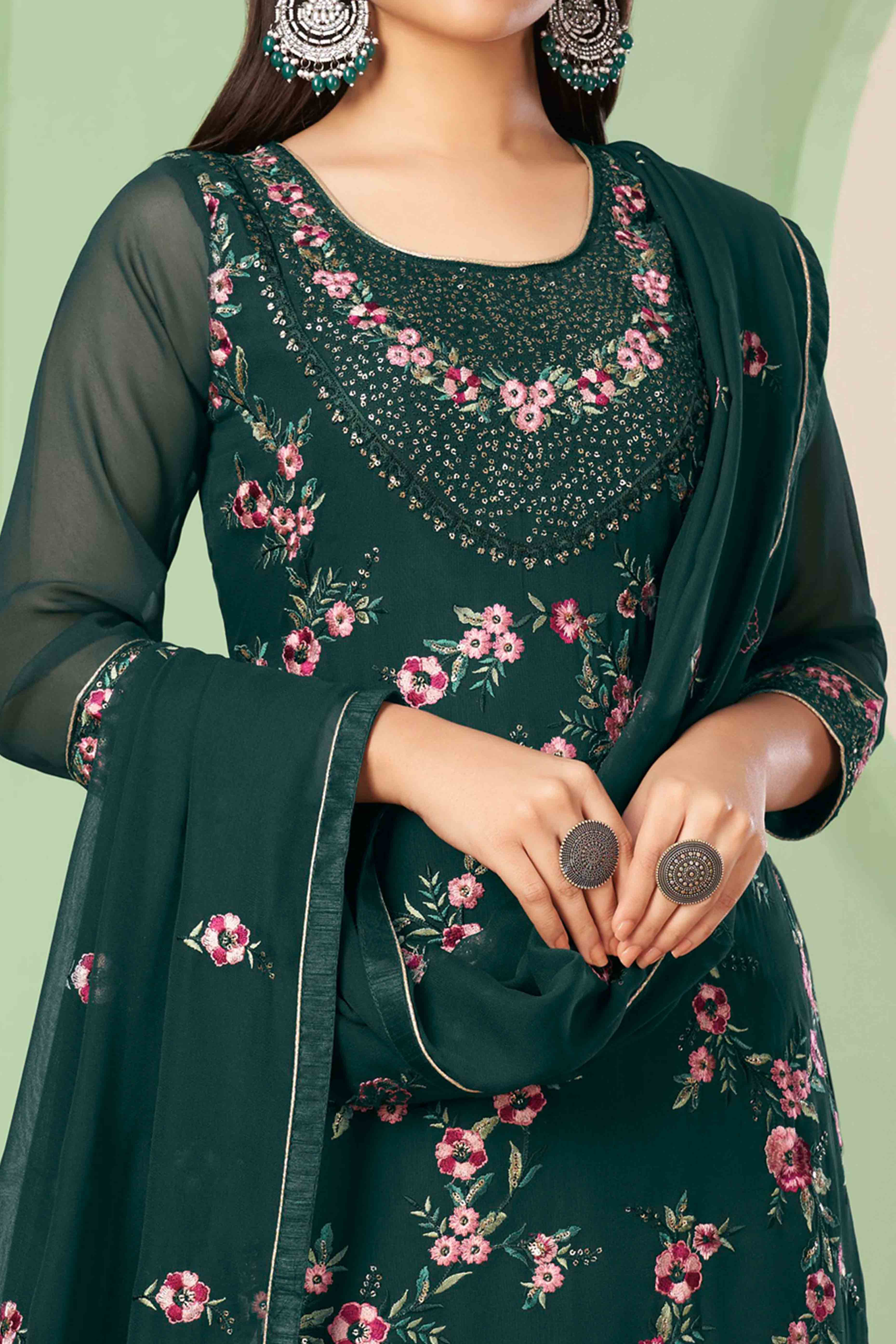 Green Floral Sequins Embroidered Georgette Semi Stitched Suit - Image 2