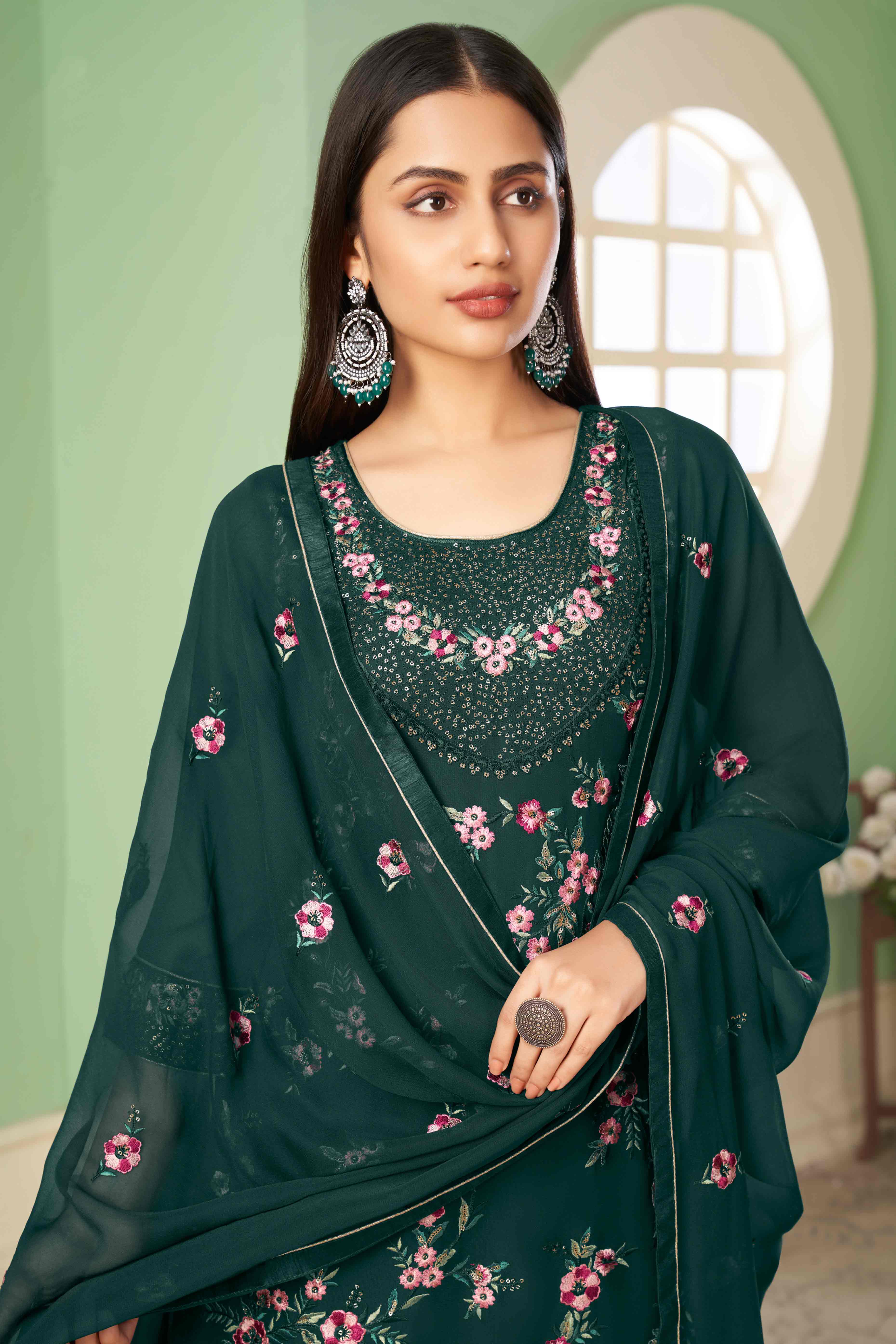Green Floral Sequins Embroidered Georgette Semi Stitched Suit - Image 3