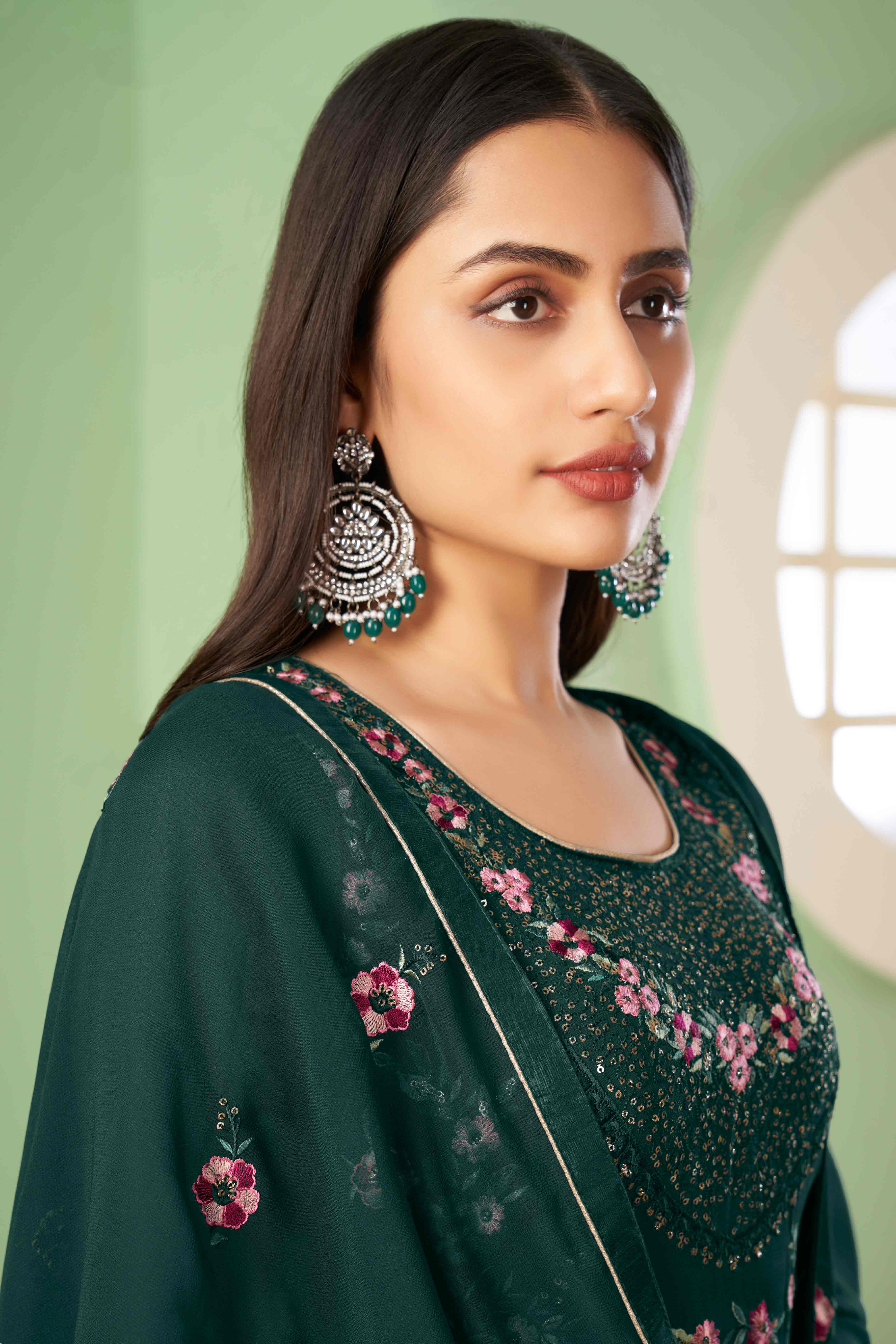 Green Floral Sequins Embroidered Georgette Semi Stitched Suit - Image 4
