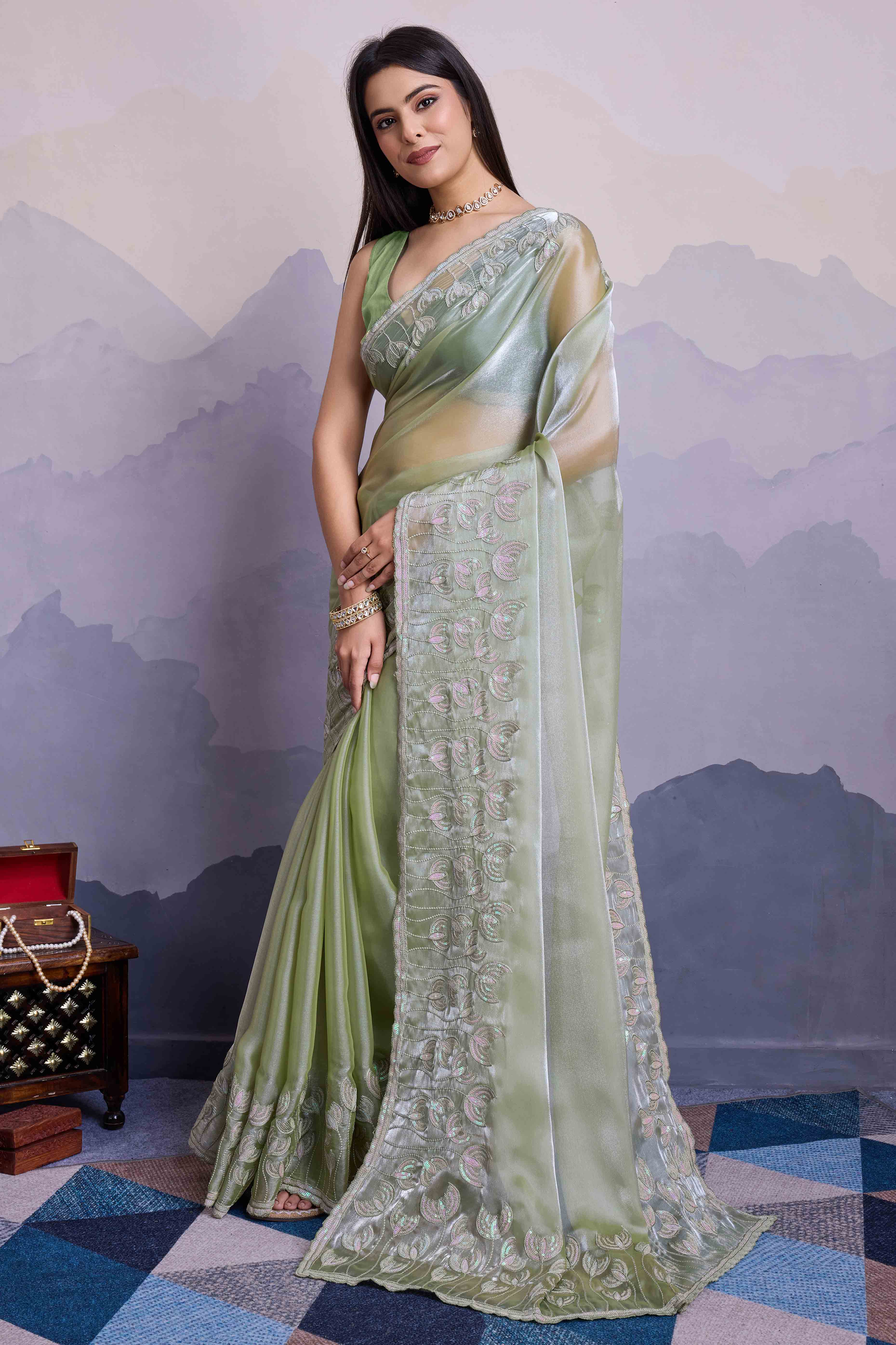 Green Floral Sequins Embroidered Jimmi Choo Zoya Silk Saree - Image 3