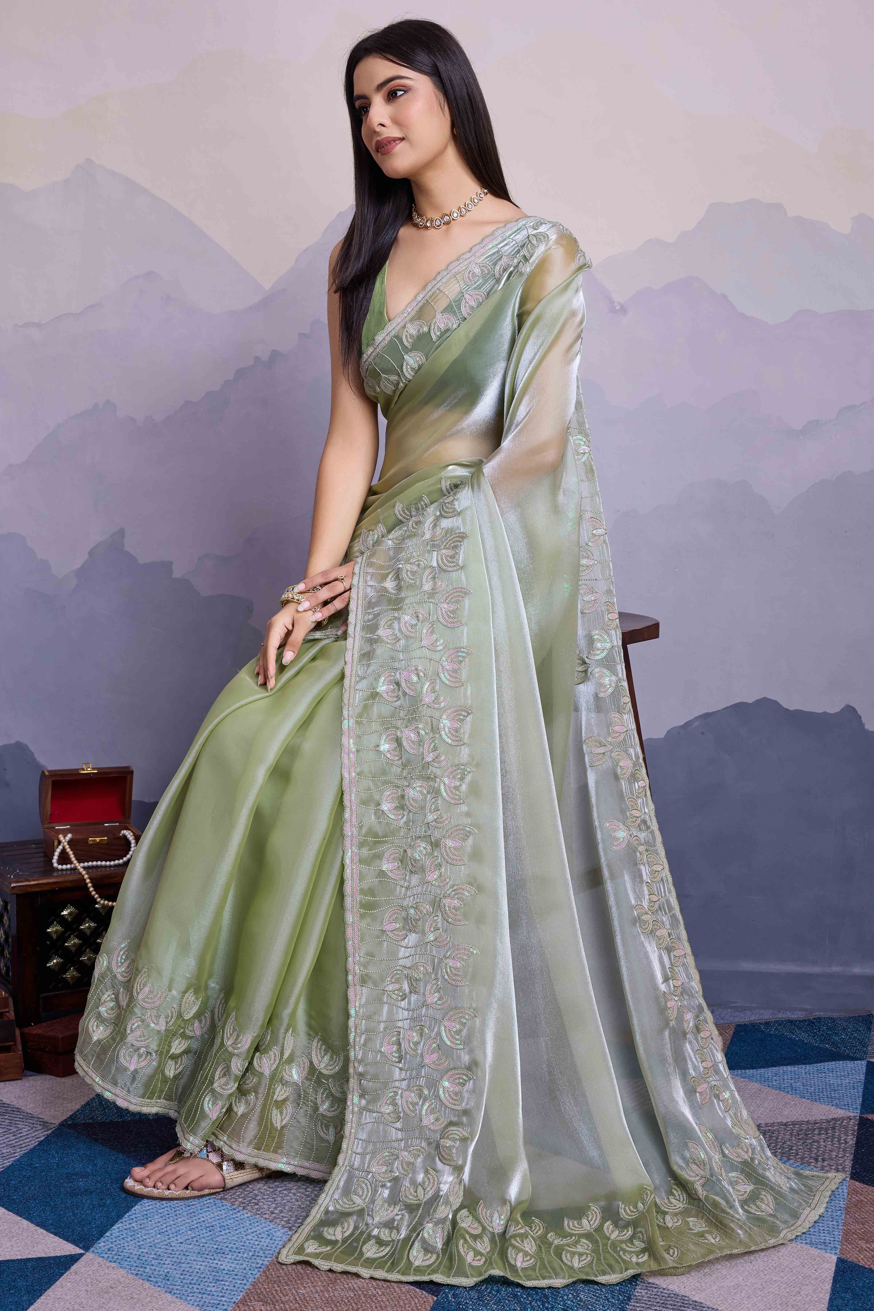 Green Floral Sequins Embroidered Jimmi Choo Zoya Silk Saree - Image 4