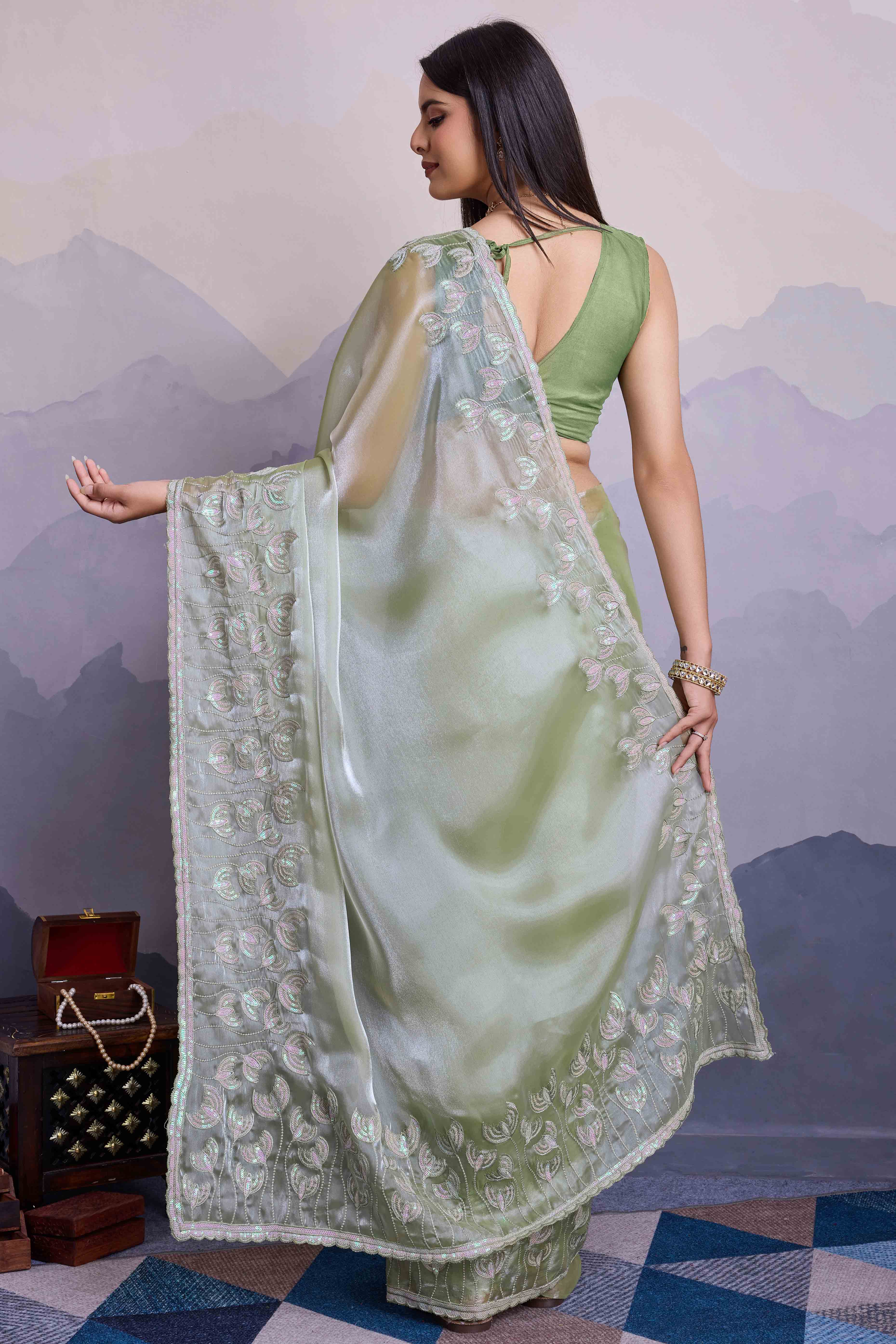 Green Floral Sequins Embroidered Jimmi Choo Zoya Silk Saree - Image 5