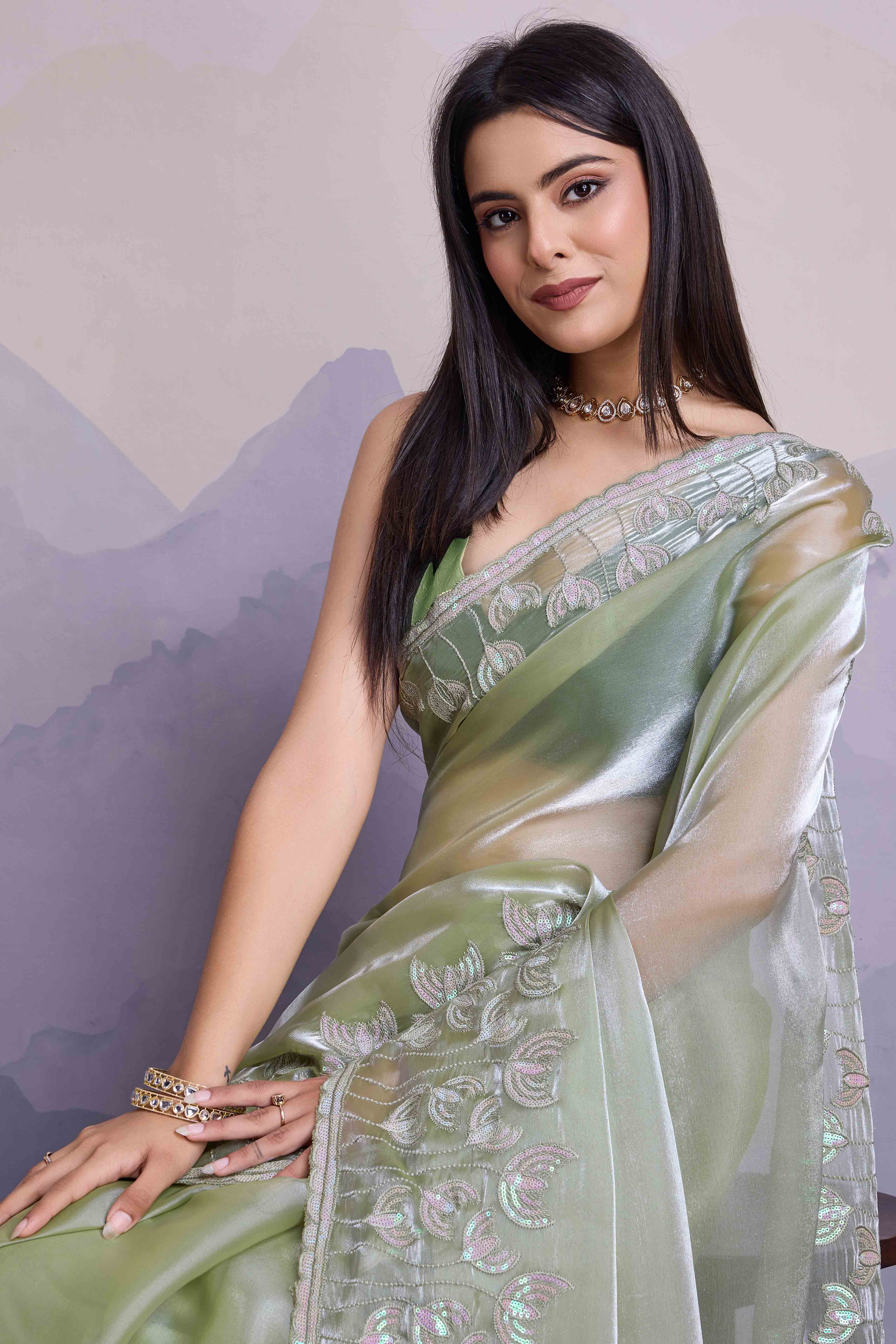 Green Floral Sequins Embroidered Jimmi Choo Zoya Silk Saree - Image 6