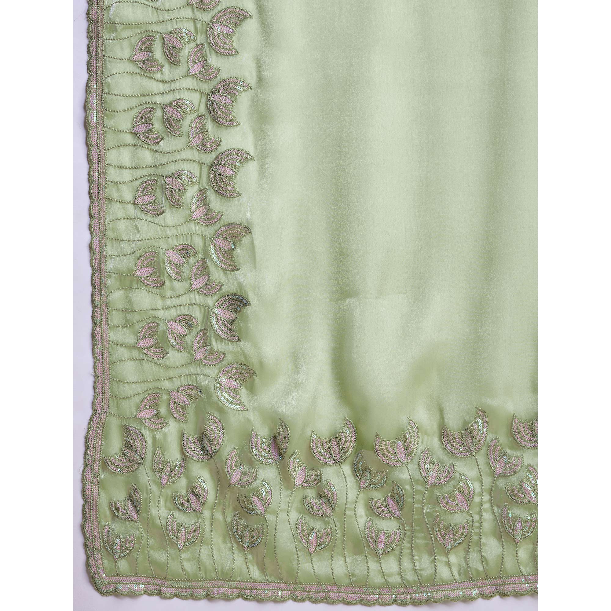 Green Floral Sequins Embroidered Jimmi Choo Zoya Silk Saree - Image 8