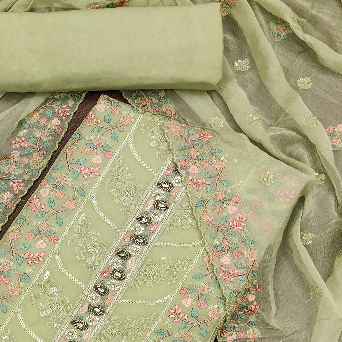 Green Floral Sequins Embroidered Organza Dress Material - Image 2