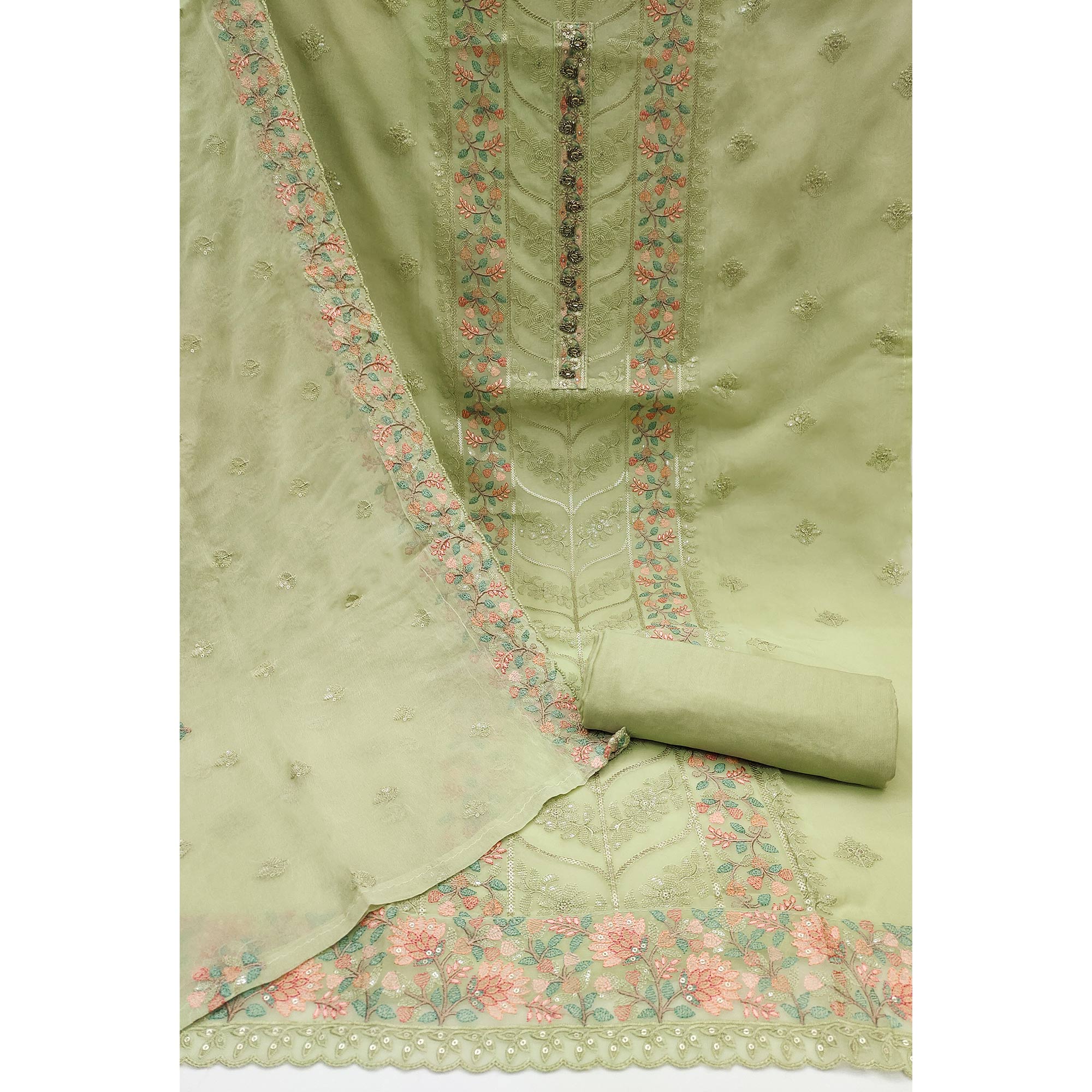 Green Floral Sequins Embroidered Organza Dress Material - Image 3