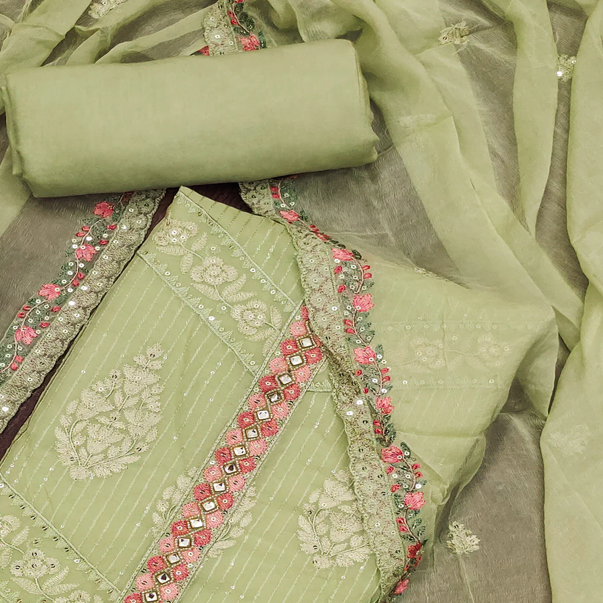 Green Floral Sequins Embroidered Organza Dress Material - Image 2