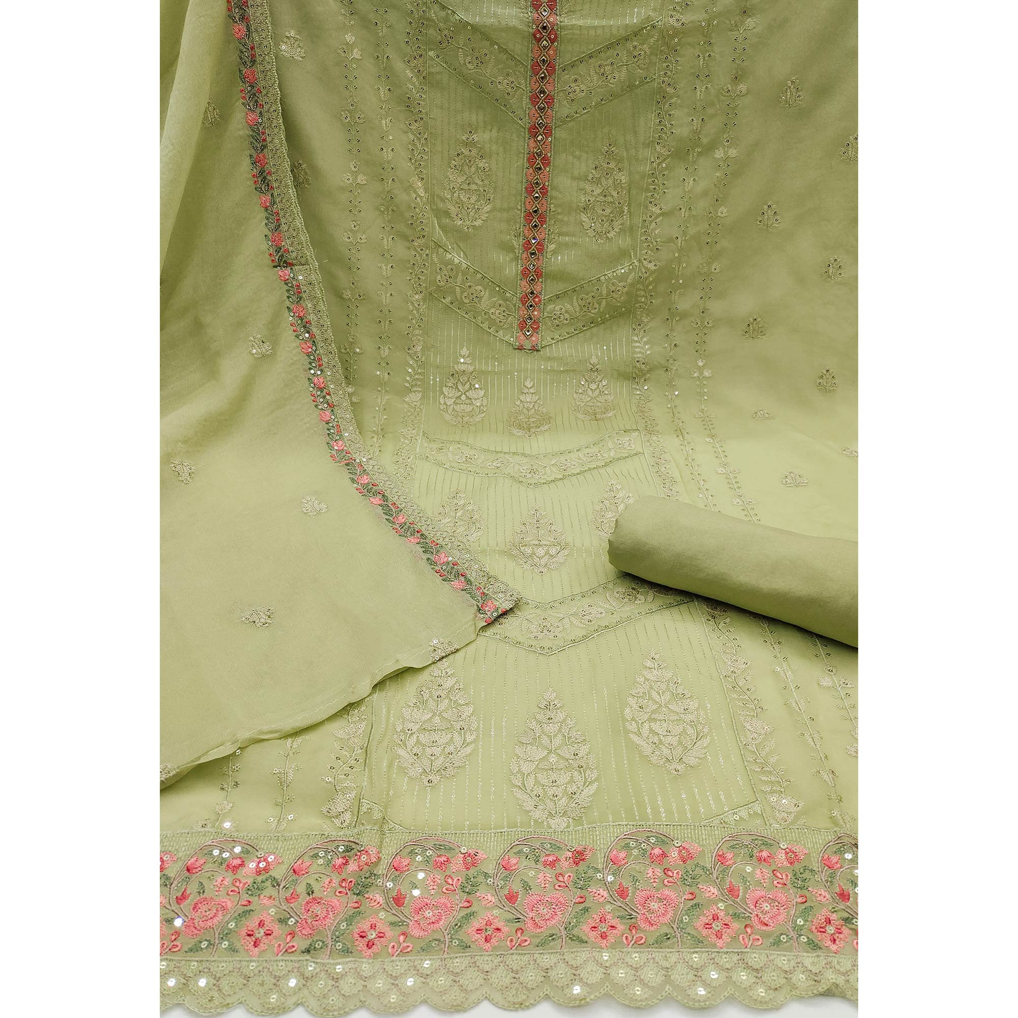 Green Floral Sequins Embroidered Organza Dress Material - Image 3