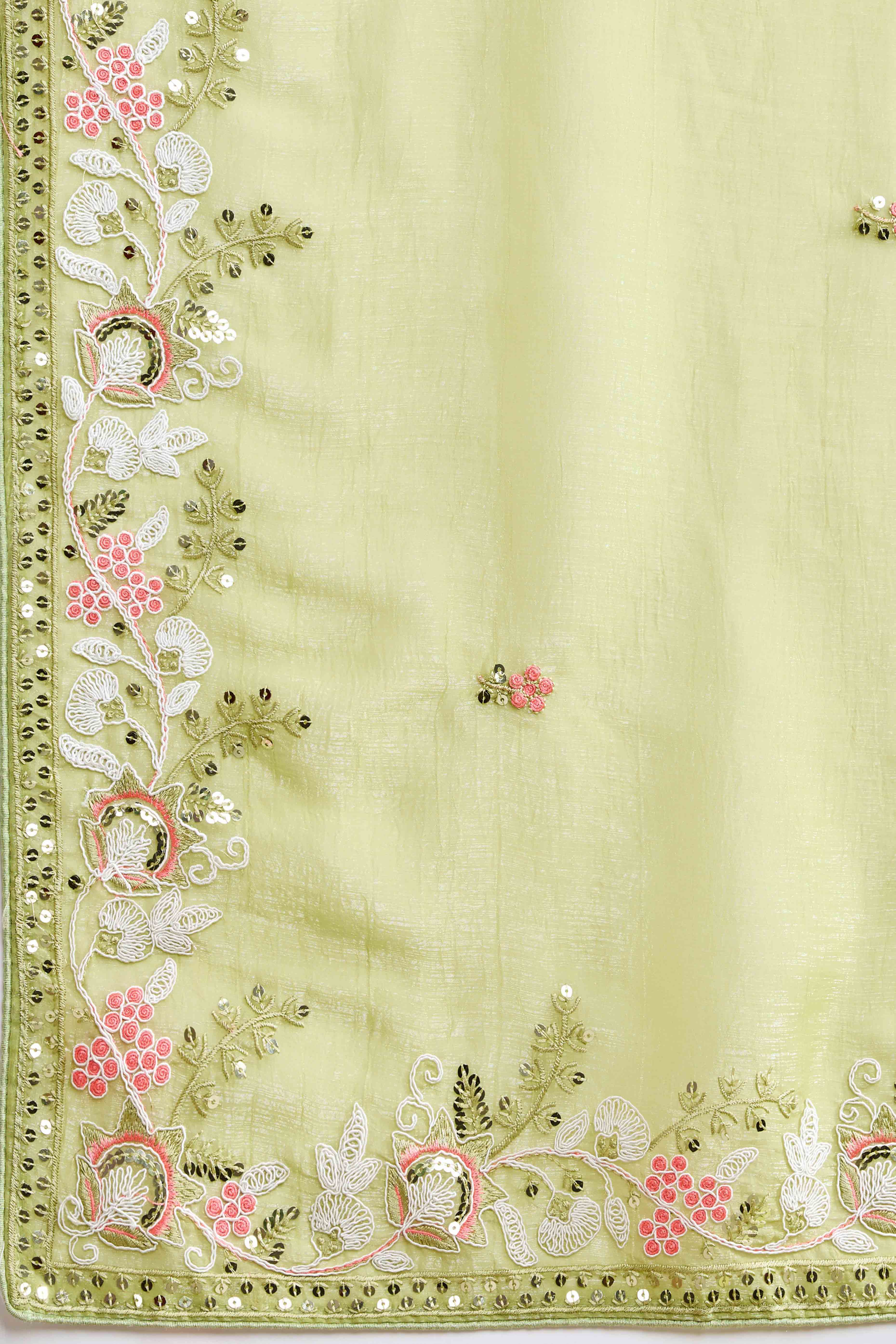 Green Floral Sequins Embroidered Organza Saree - Image 8