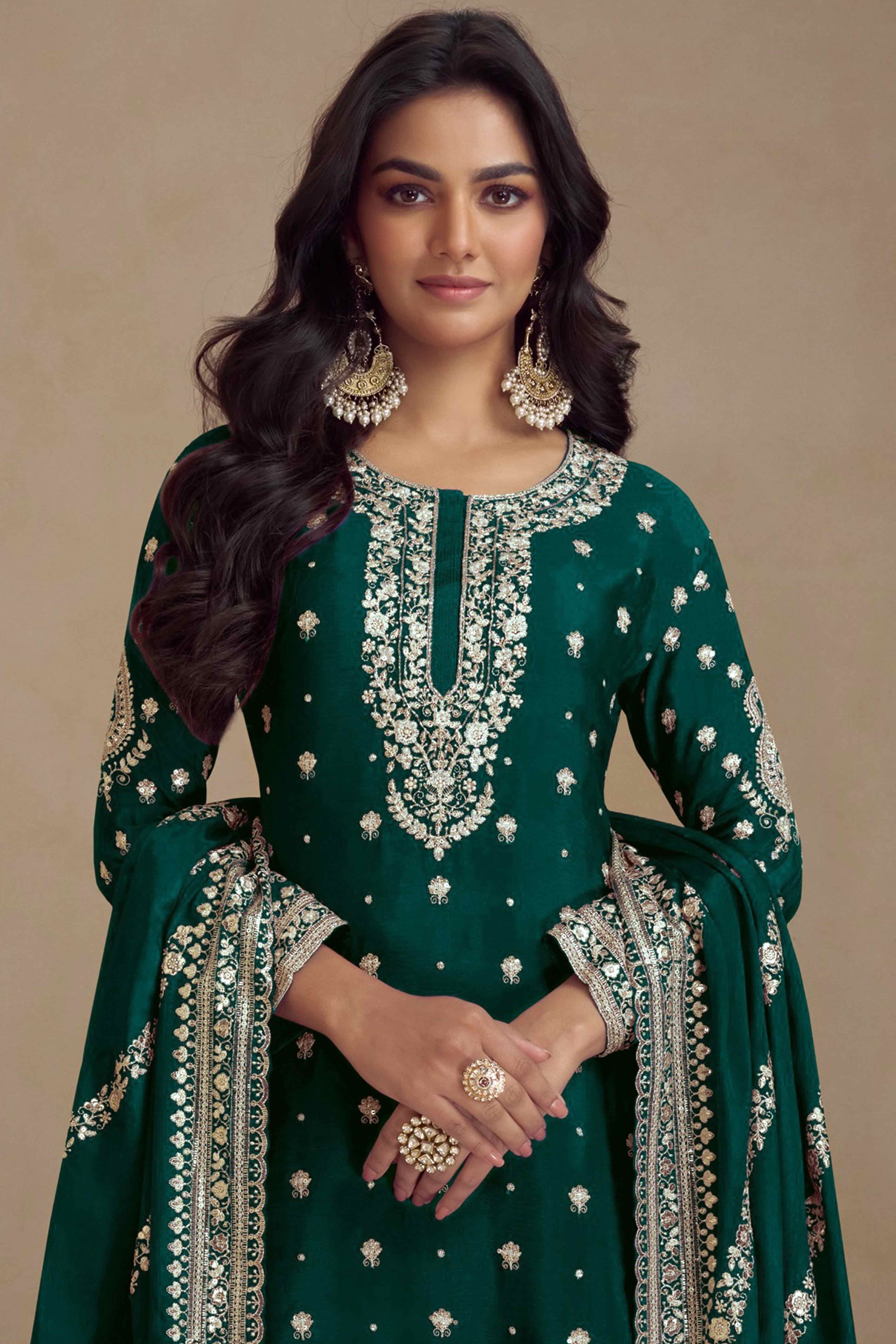 Green Floral Sequins Embroidered Satin Silk Semi Stitched Suit - Image 3