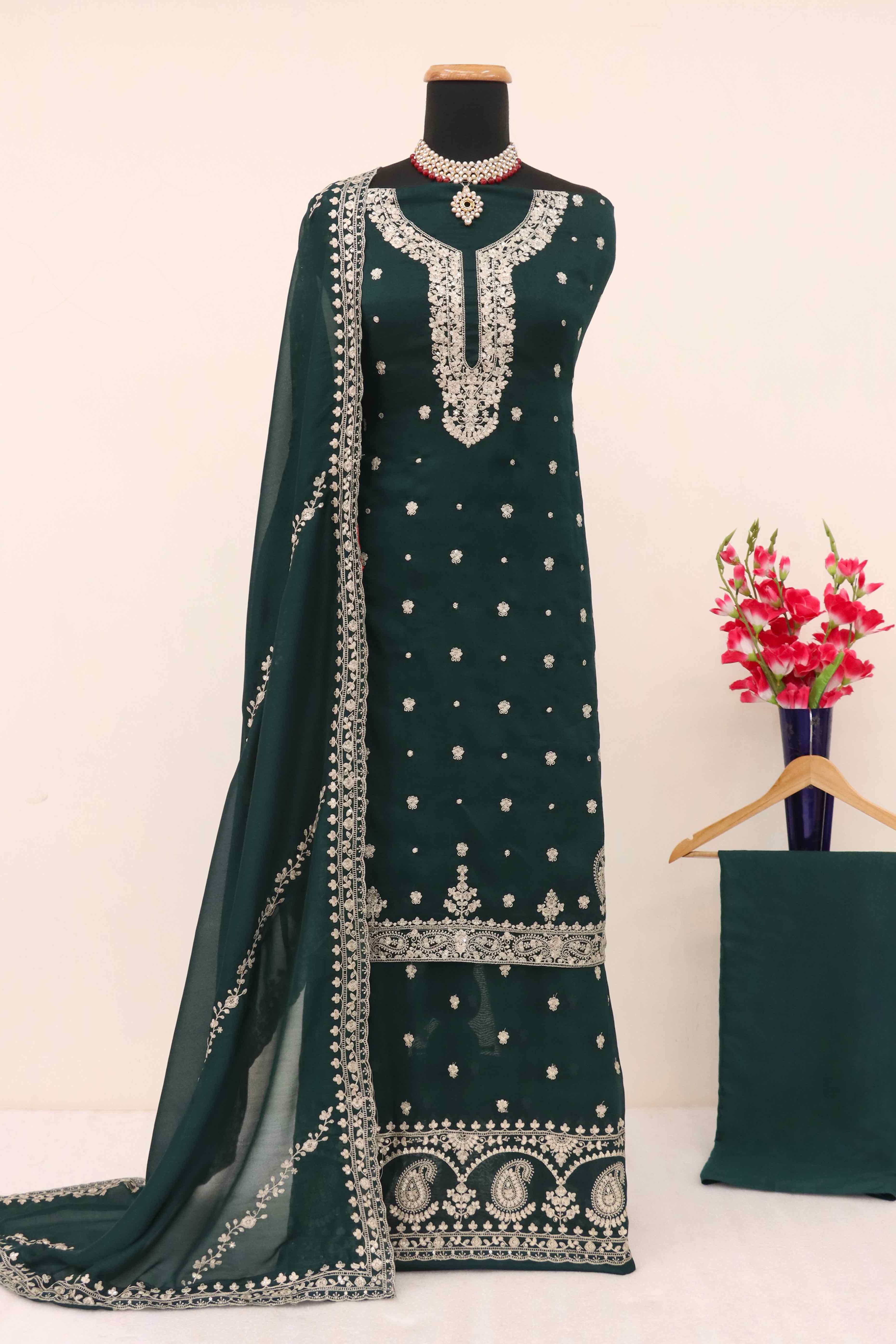 Green Floral Sequins Embroidered Satin Silk Semi Stitched Suit - Image 4