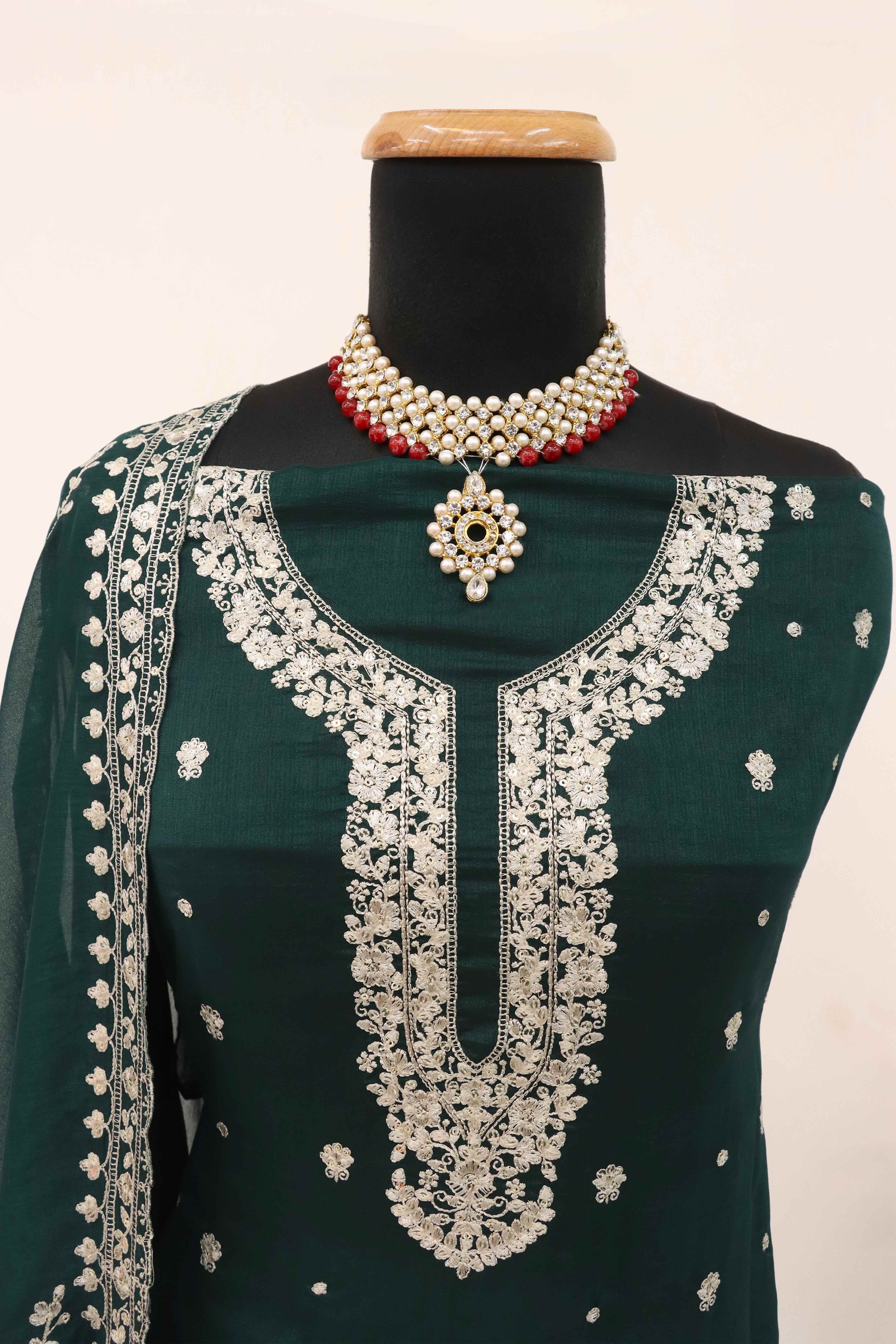 Green Floral Sequins Embroidered Satin Silk Semi Stitched Suit - Image 5