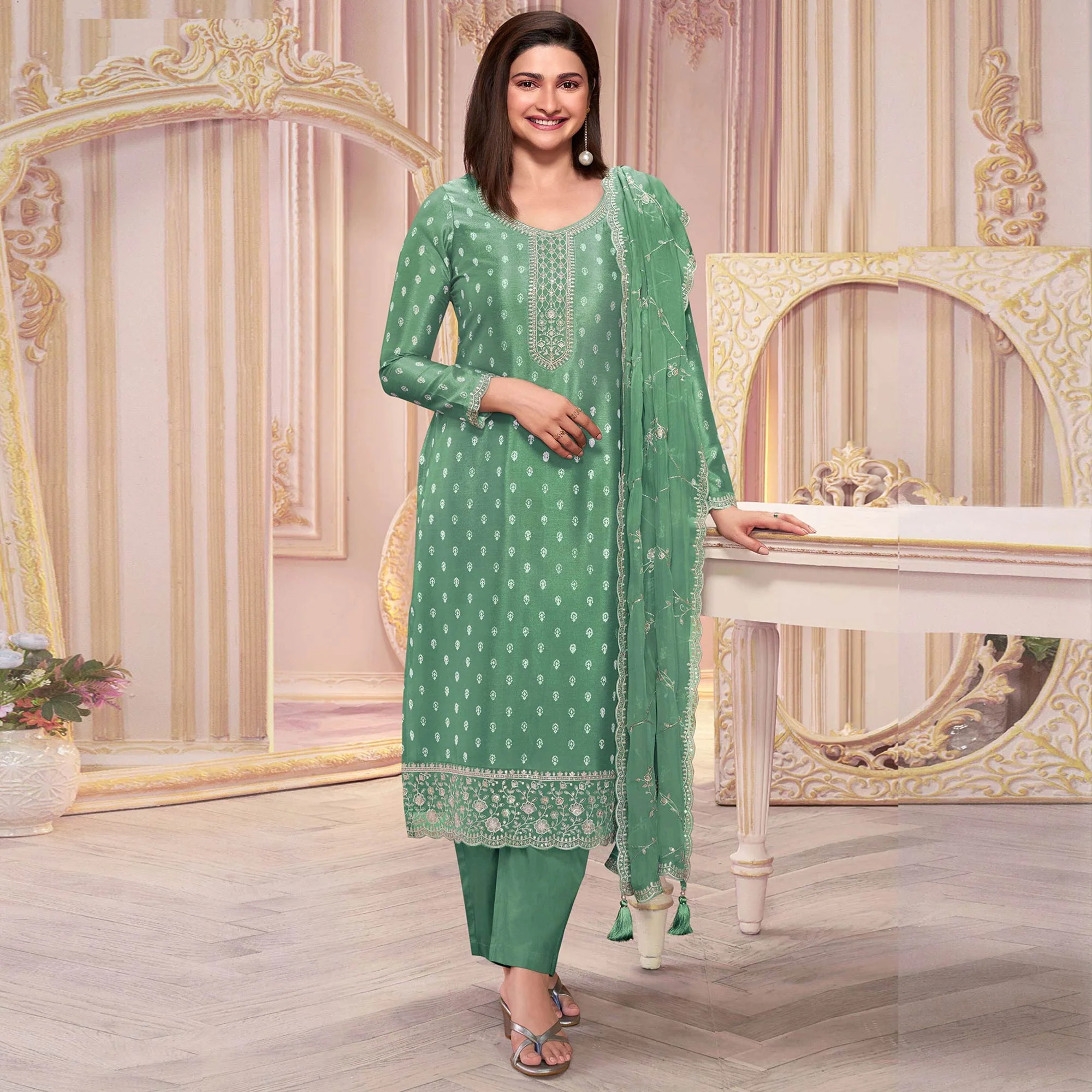 Green Floral Sequins Embroidered Silk Georgette Semi Stitched Salwar Suit - Image 2