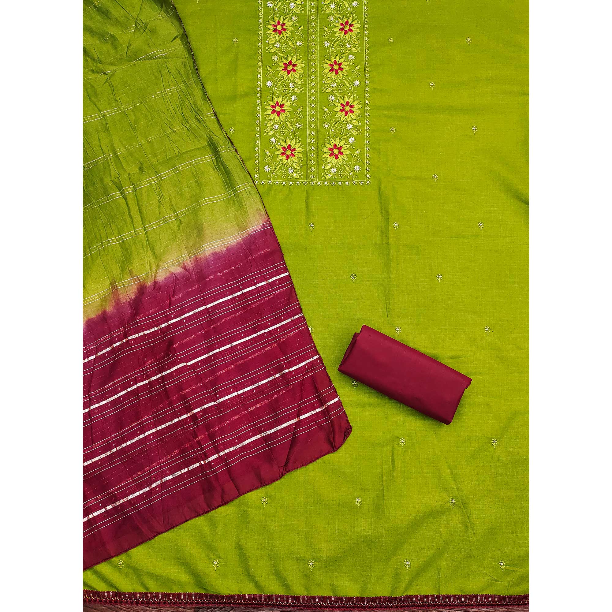 Green Floral Sequins Embroidered Slub Cotton Dress Material - Image 4