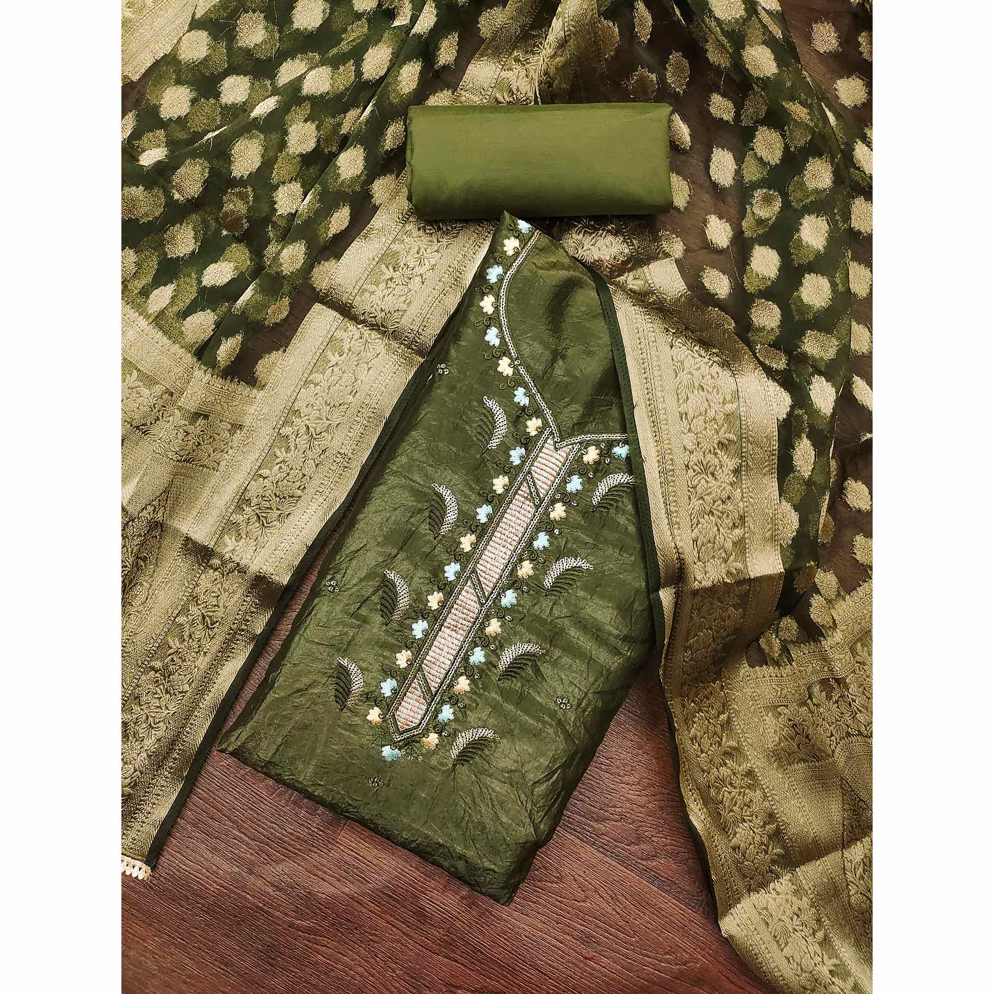 Green Floral Sequins Embroidered Viscose Dress Material - Image 3