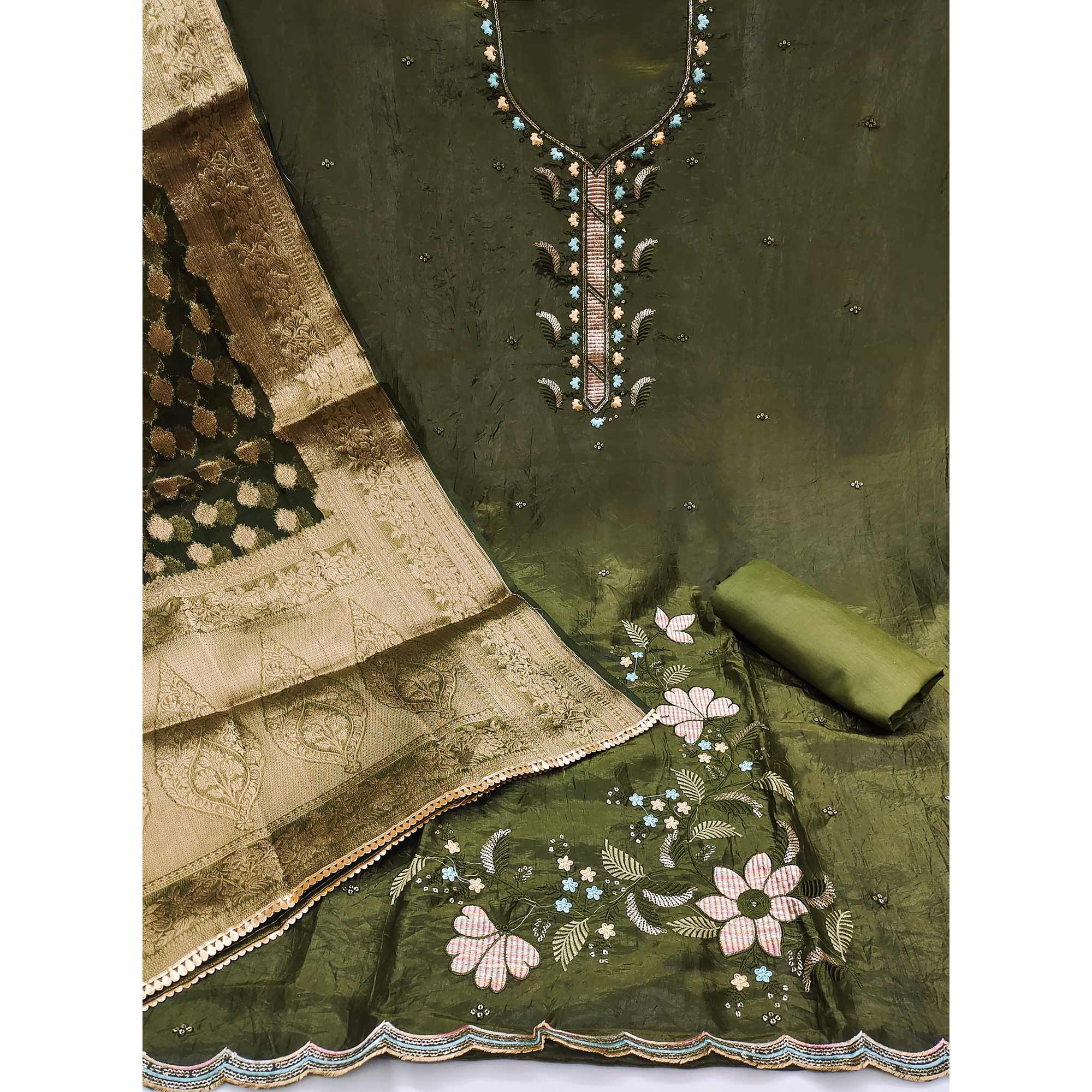 Green Floral Sequins Embroidered Viscose Dress Material - Image 4