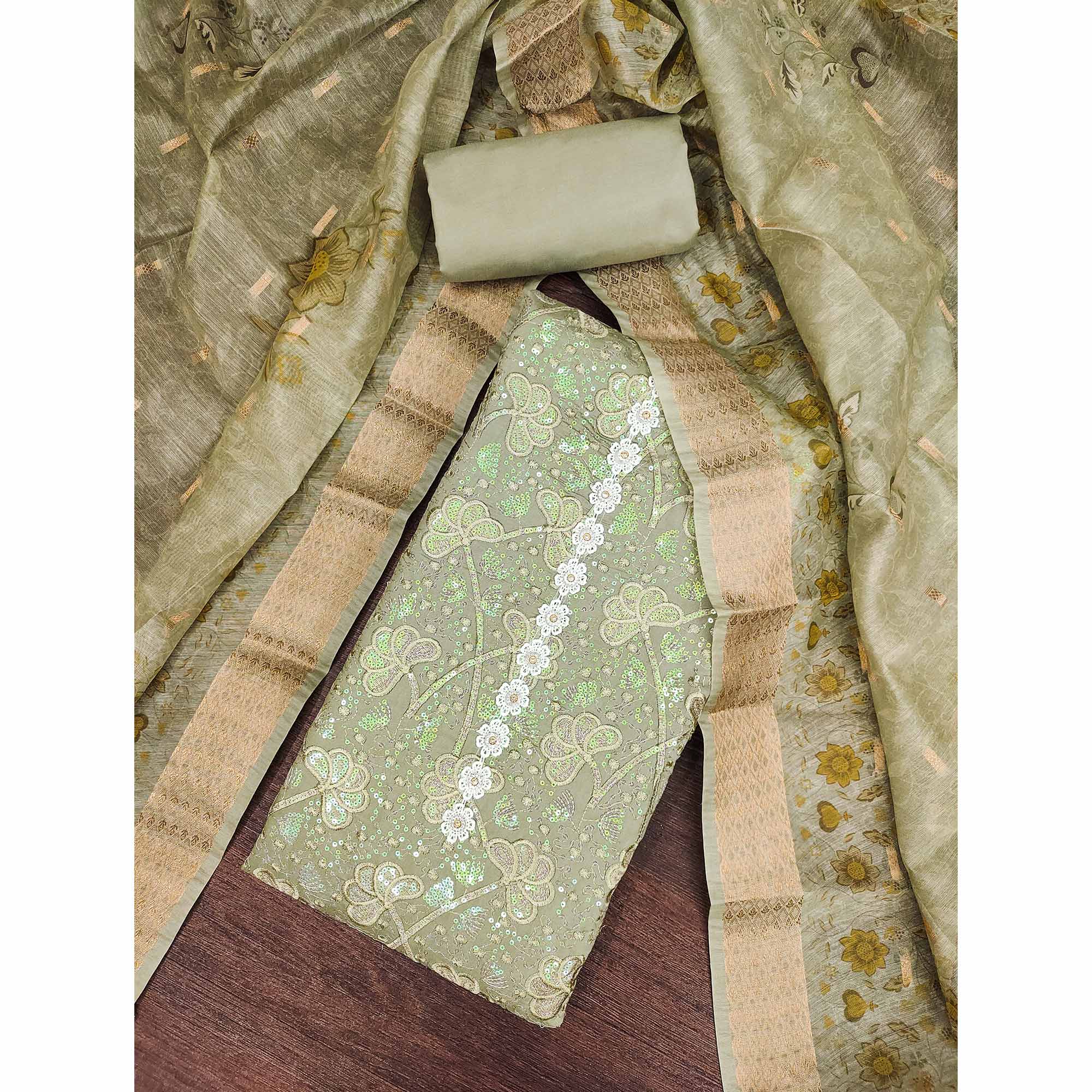Green Floral Sequins Embroidery Cotton Roman Silk Dress Material - Image 3