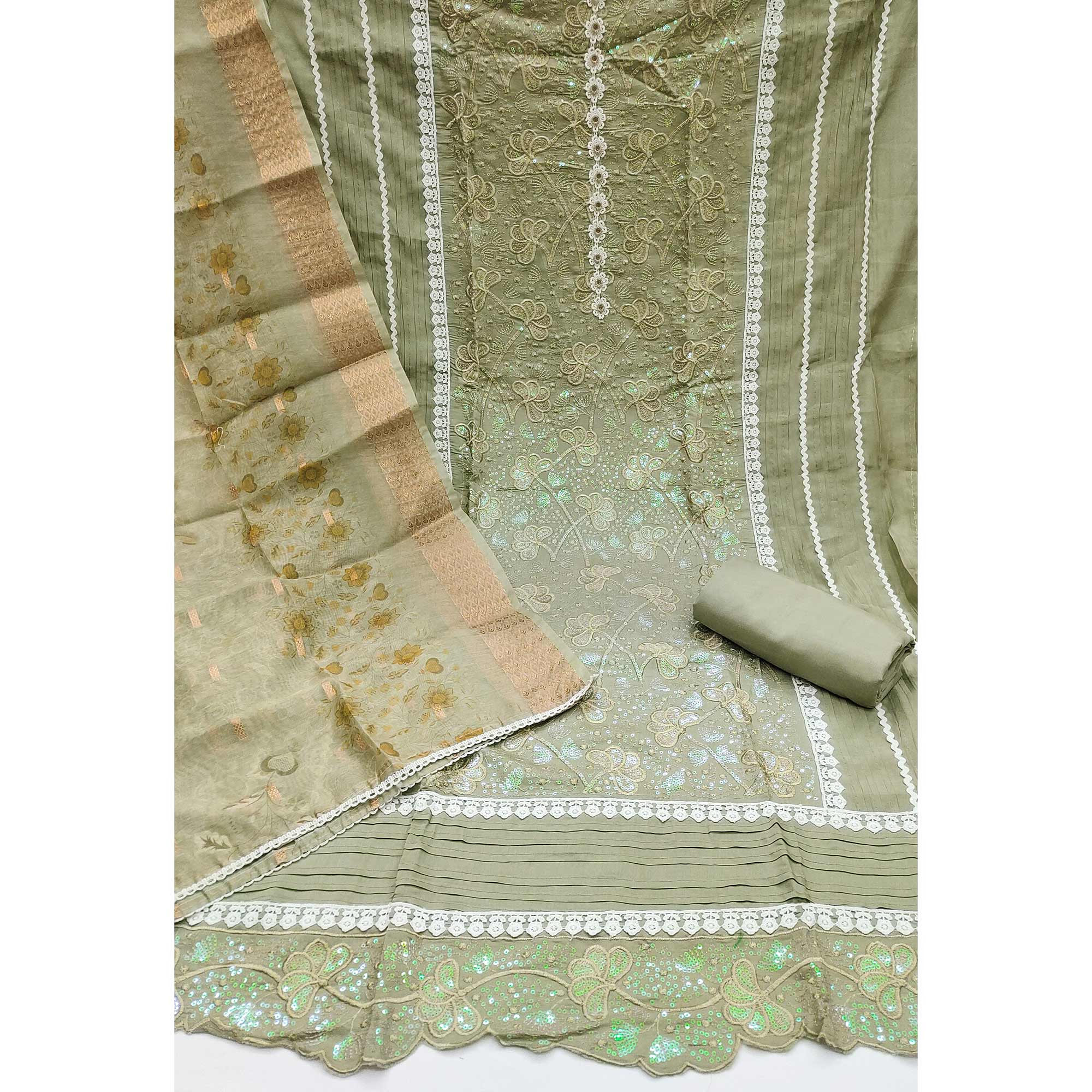 Green Floral Sequins Embroidery Cotton Roman Silk Dress Material - Image 4