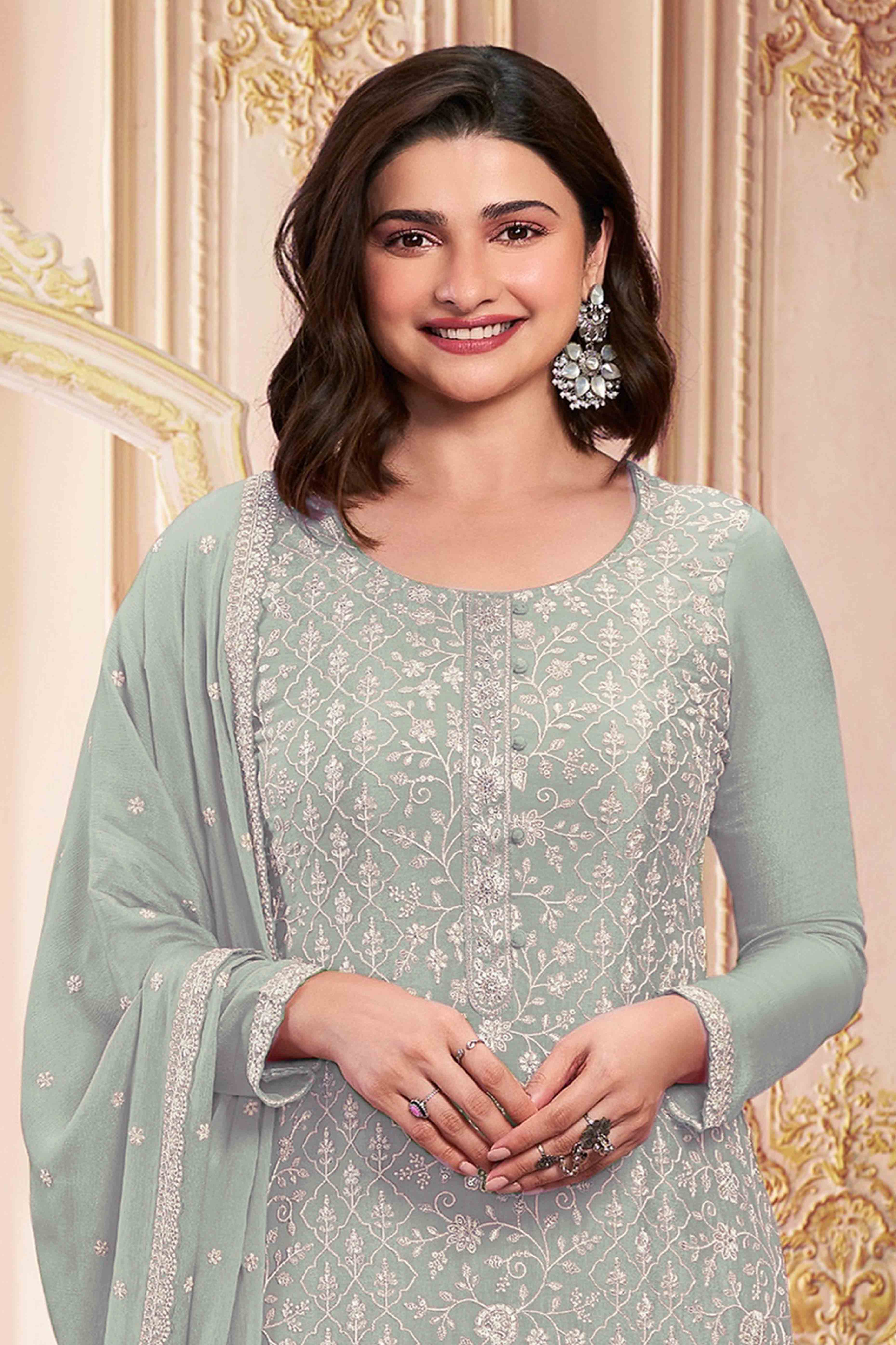 Green Floral Sequins Embroidery Georgette Semi Stitched Salwar Suit - Image 3