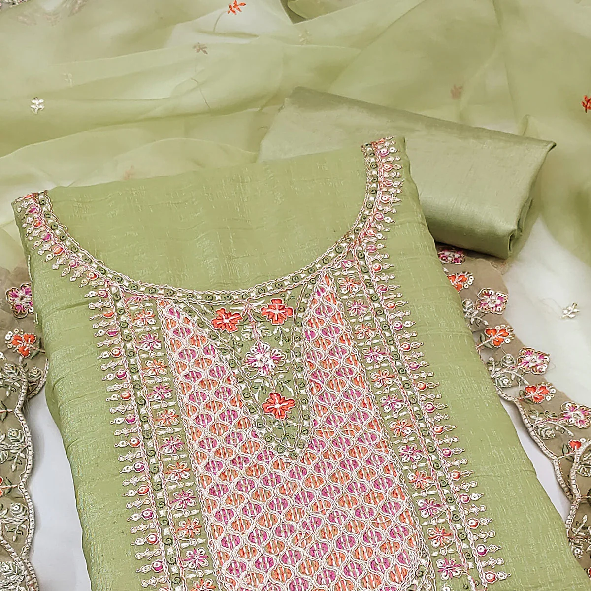 Green Floral Sequins Embroidery Viscose Dress Material - Image 2