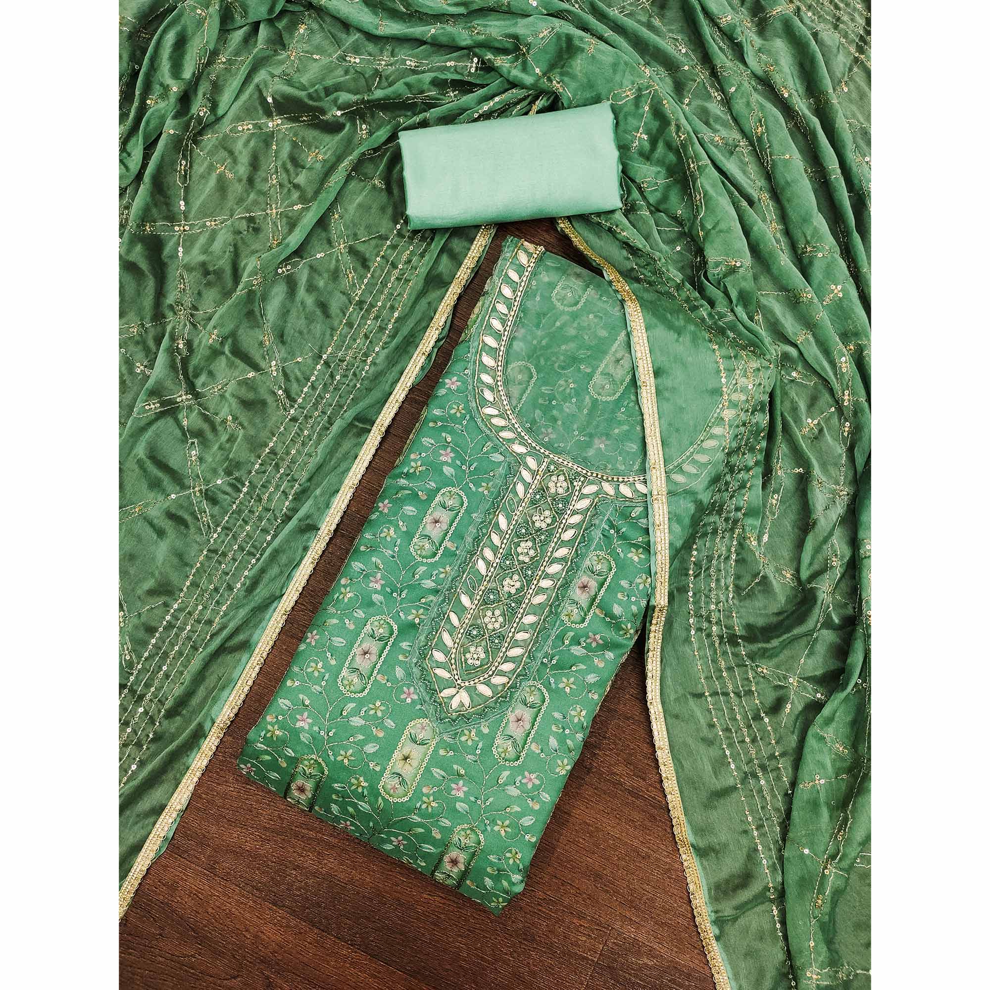 Green Floral Sequins Embroidery With Handwork Organza Dress Material - Image 3