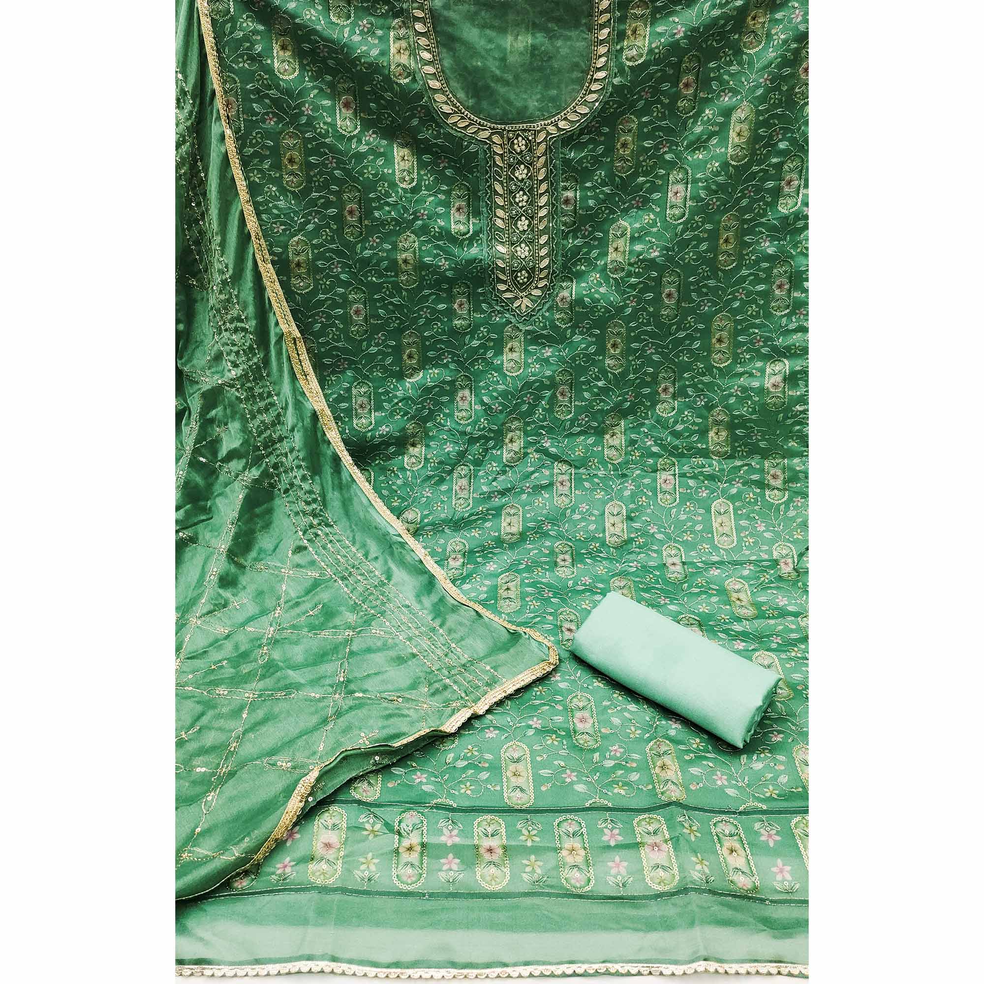 Green Floral Sequins Embroidery With Handwork Organza Dress Material - Image 4