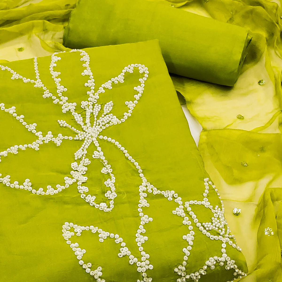 Green Floral Sequins With Moti Handwork Muslin Dress Material - Image 2