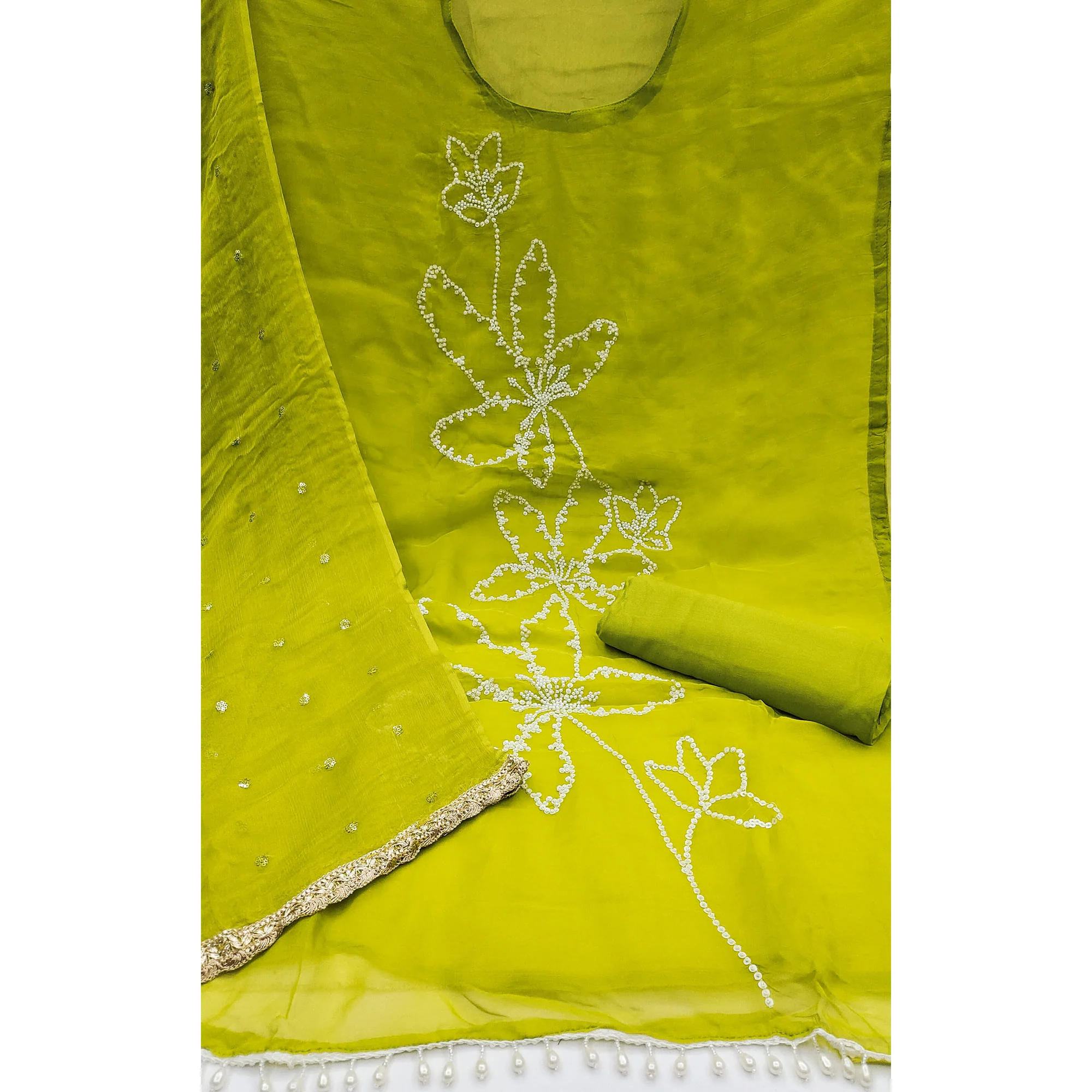 Green Floral Sequins With Moti Handwork Muslin Dress Material - Image 3