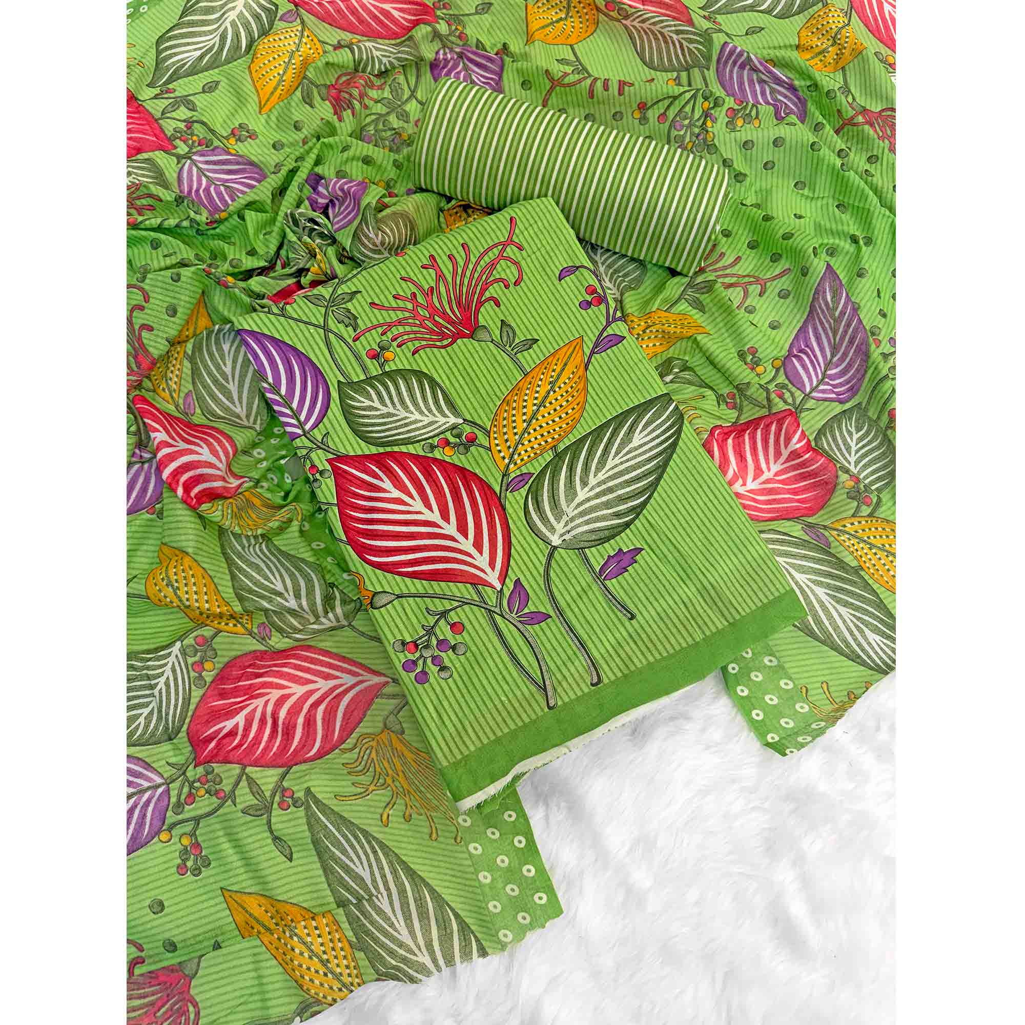 Green Floral & Striped Printed Pure Cotton Dress Material With Elegant Detailing - Image 3