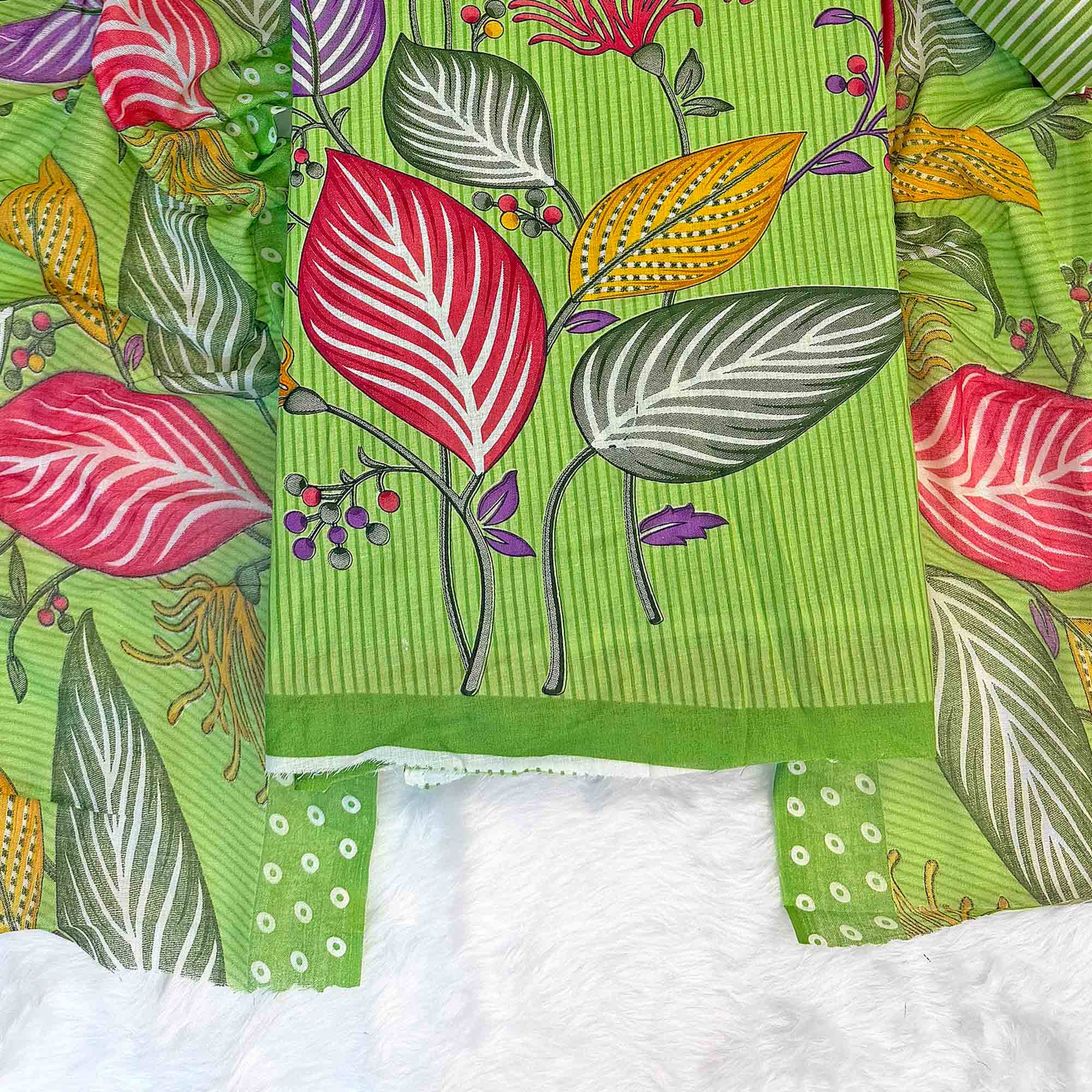 Green Floral & Striped Printed Pure Cotton Dress Material With Elegant Detailing - Image 4
