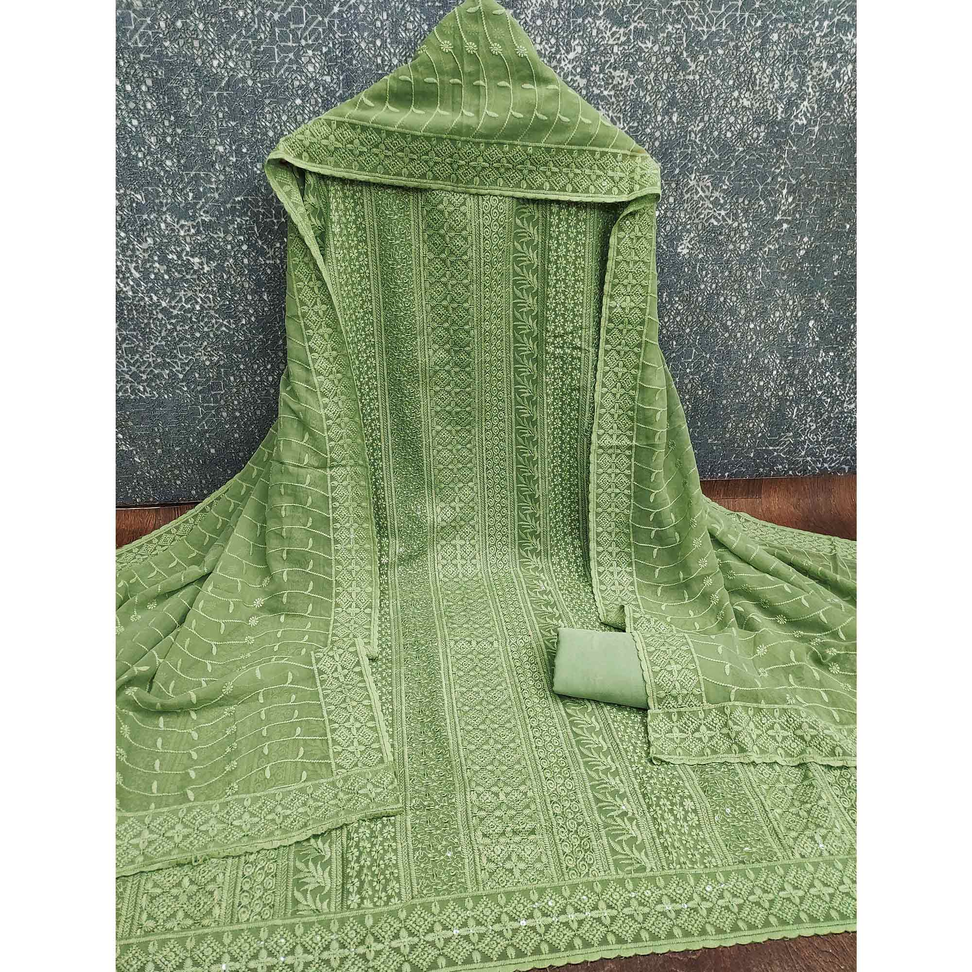 Green Floral Thread Embroidery With Sequins Highlighted Georgette Dress Material - Image 3