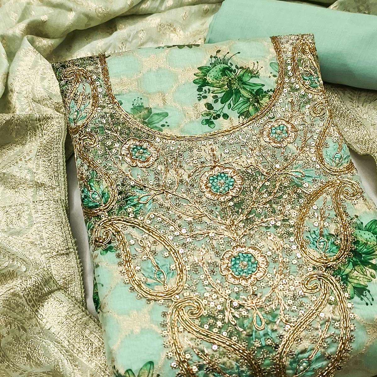 Green Floral Weaving & Digital Printed Banarasi Silk Dress Material With Cording Embroidery - Image 2