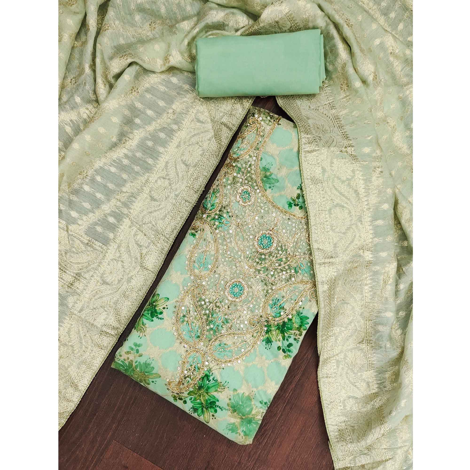 Green Floral Weaving & Digital Printed Banarasi Silk Dress Material With Cording Embroidery - Image 3