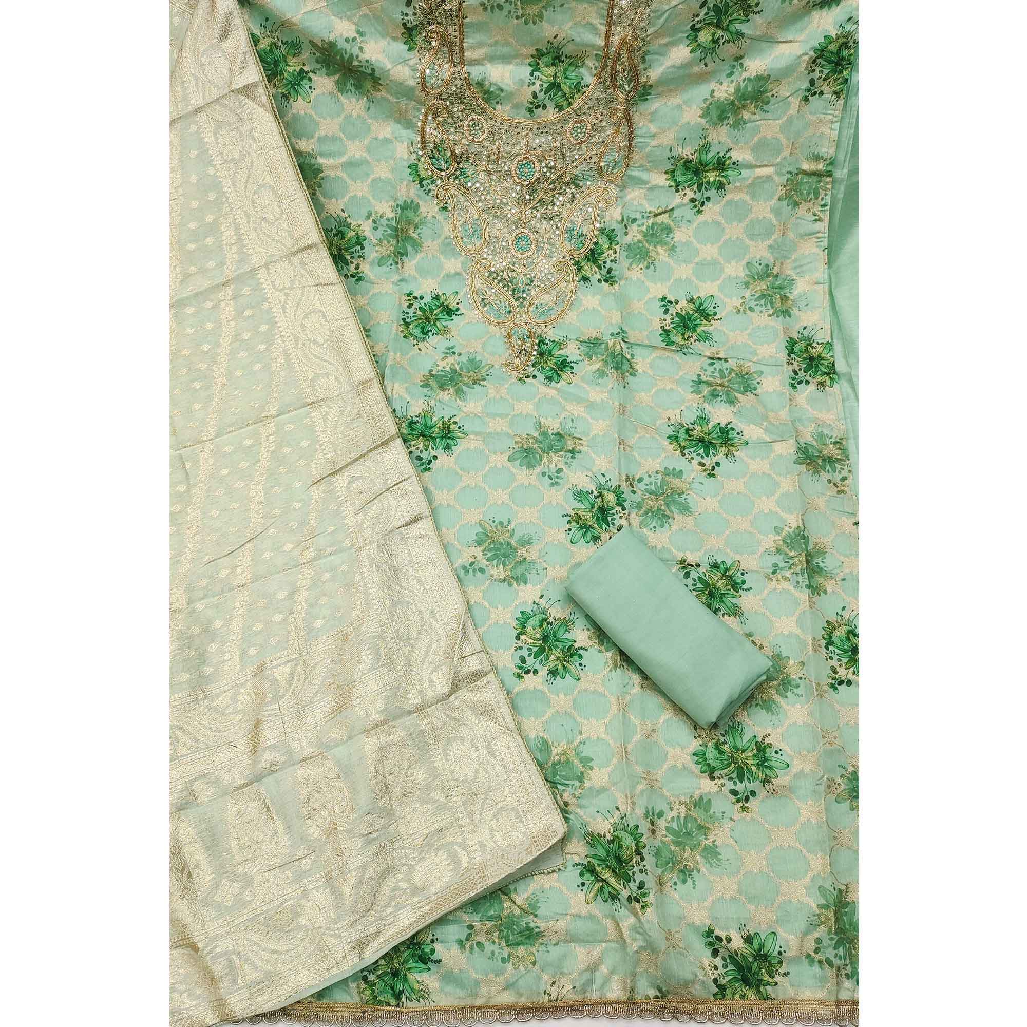 Green Floral Weaving & Digital Printed Banarasi Silk Dress Material With Cording Embroidery - Image 4