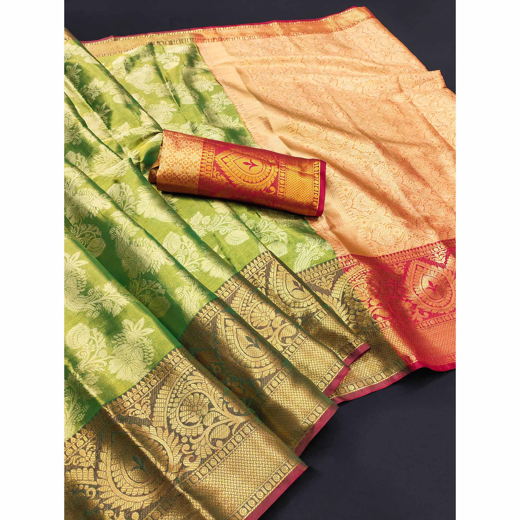 Green Floral Woven Banarasi Silk Saree - Image 3