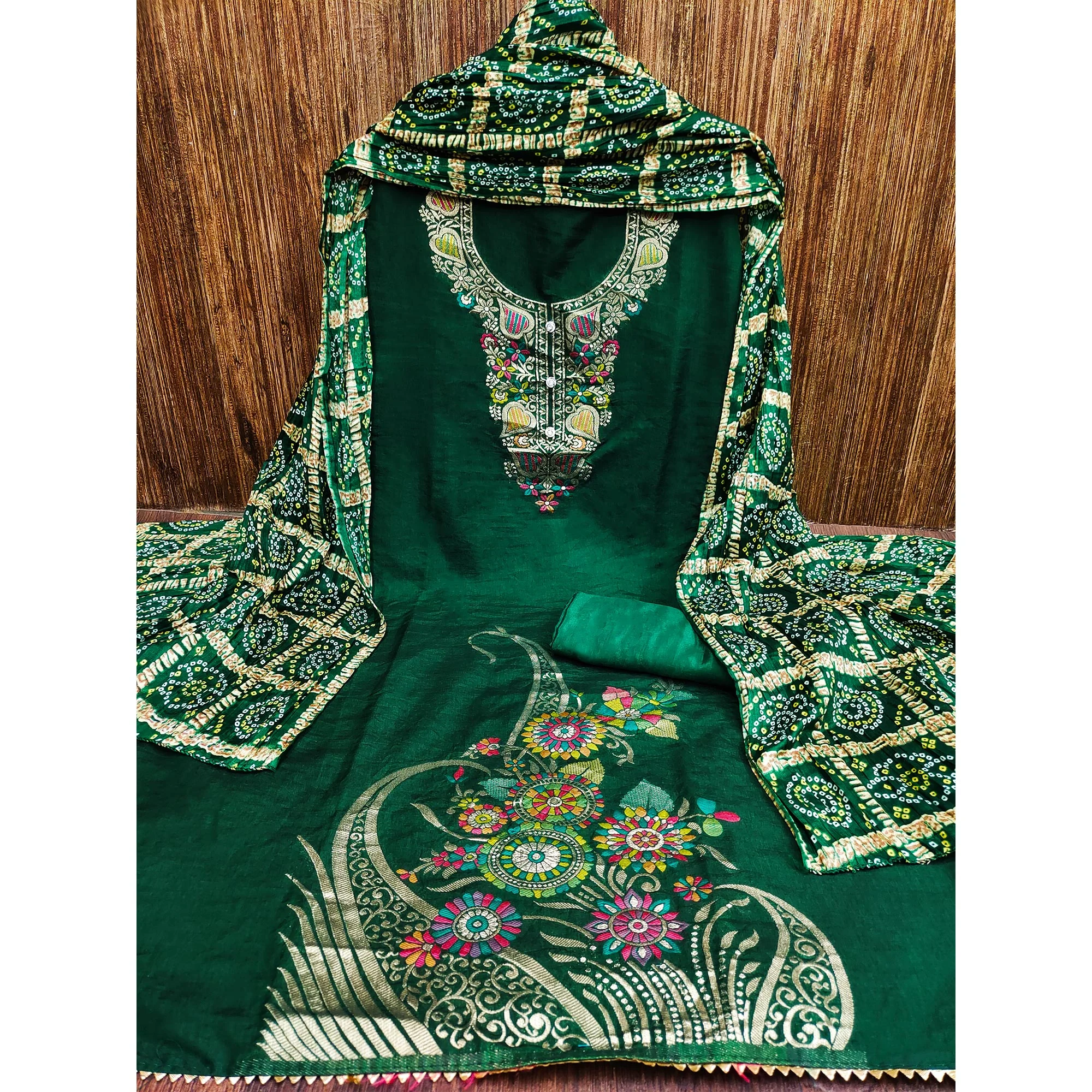Green Floral Woven Chanderi Jacquard Dress Material - Image 3