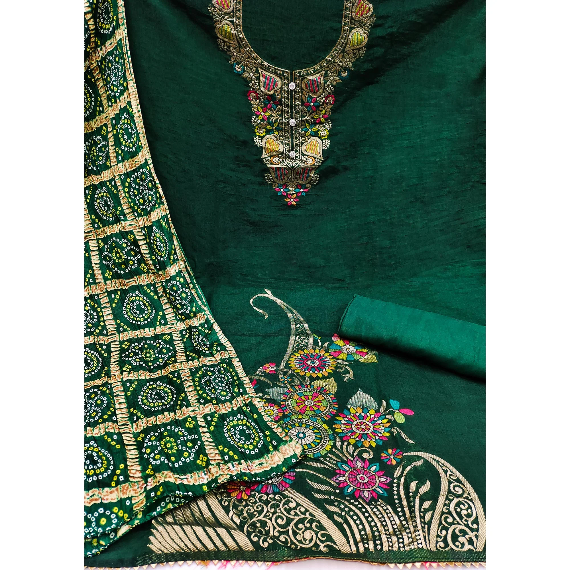 Green Floral Woven Chanderi Jacquard Dress Material - Image 4