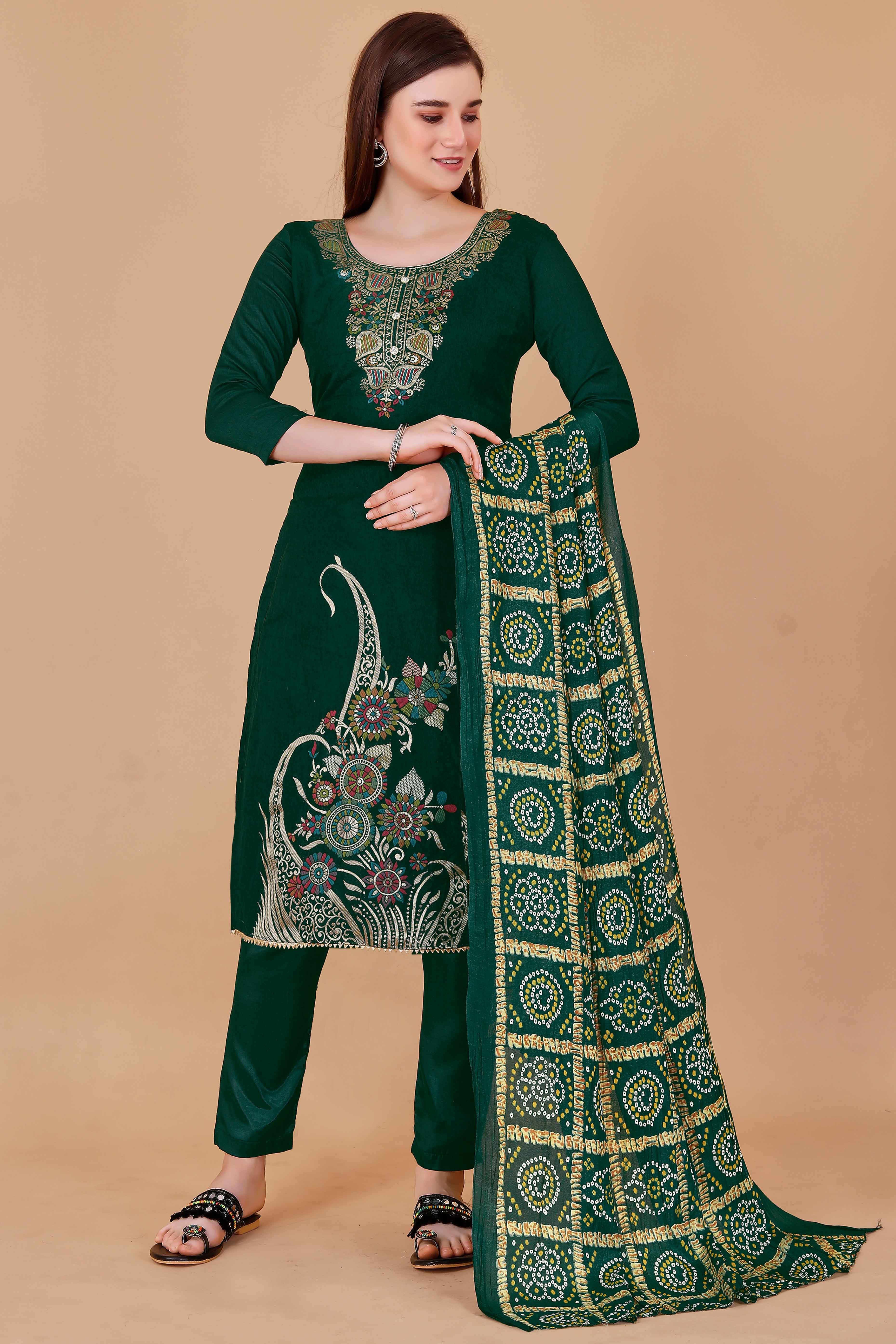 Green Floral Woven Chanderi Jacquard Dress Material - Image 5