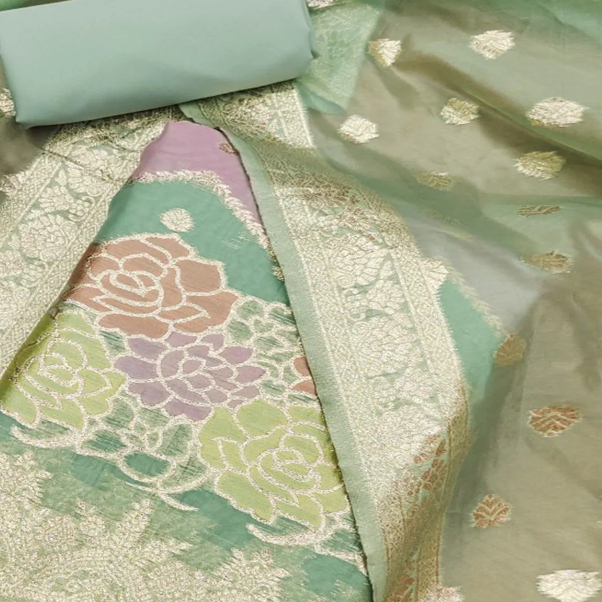 Green Floral Woven Organza Dress Material - Image 2