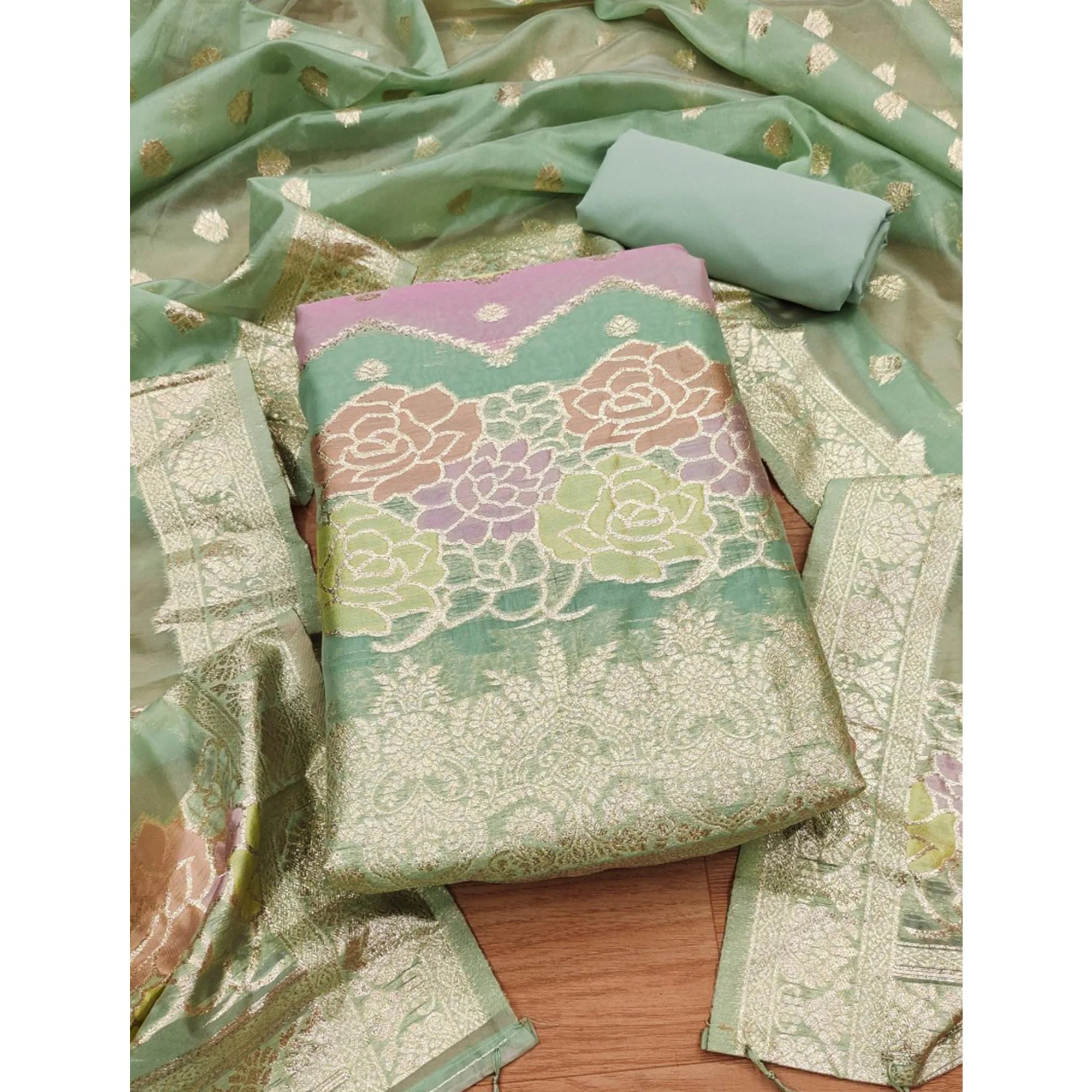 Green Floral Woven Organza Dress Material - Image 3