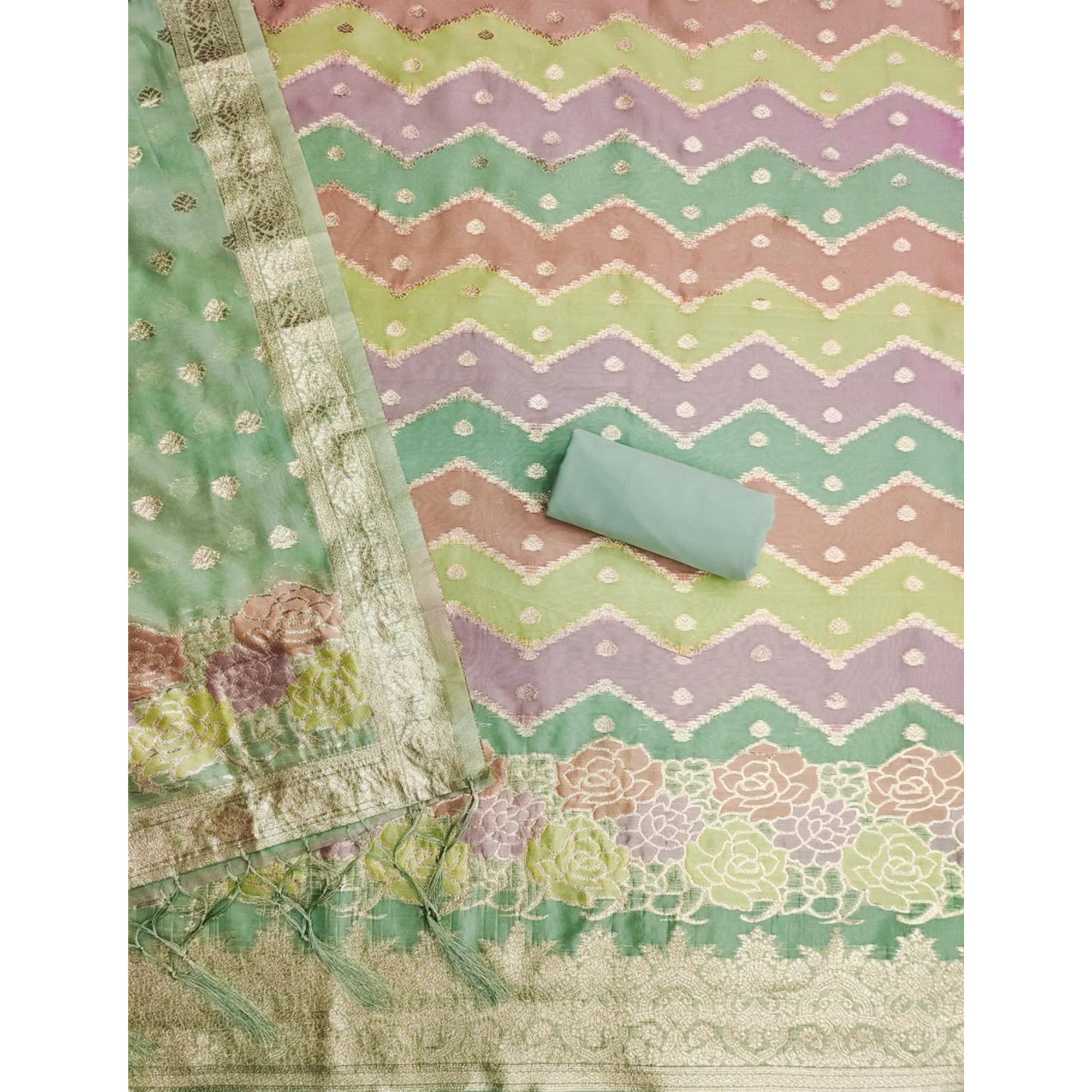 Green Floral Woven Organza Dress Material - Image 4