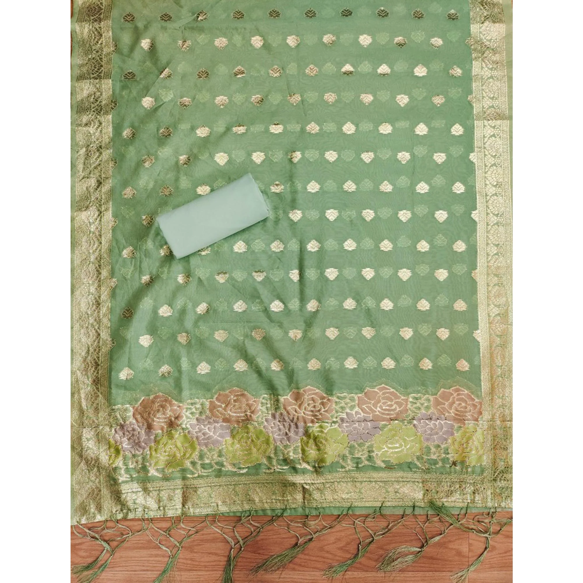 Green Floral Woven Organza Dress Material - Image 5