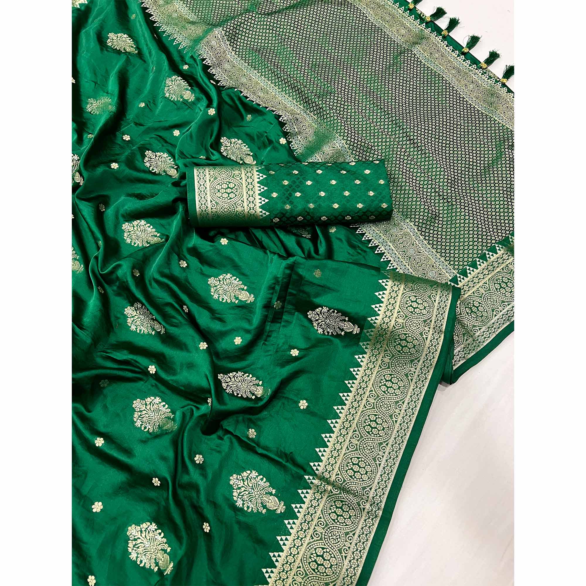 Green Floral Woven Satin Silk Saree With Tassels - Image 3
