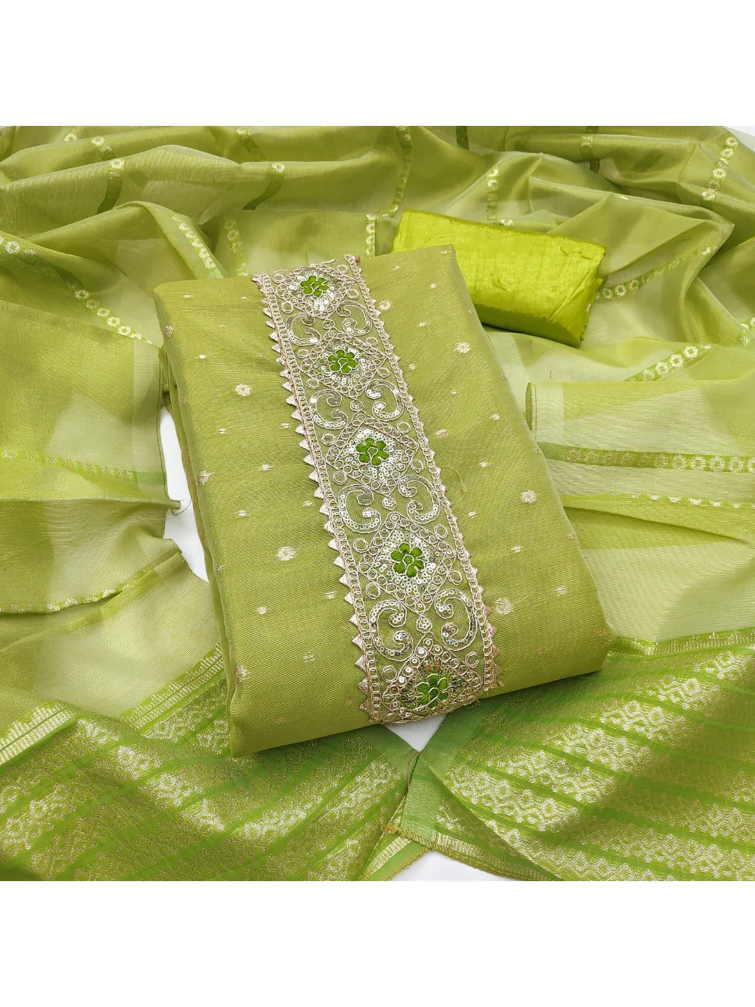 Green Floral Woven Shimmer Dress Material Featuring Delicate Sequins Embroidery On The Neckline - Image 2