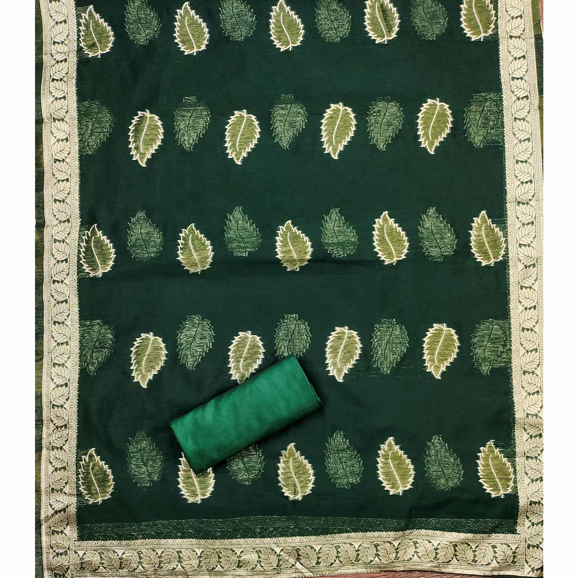Green Floral Woven Shimmer Jacquard Dress Material - Image 5