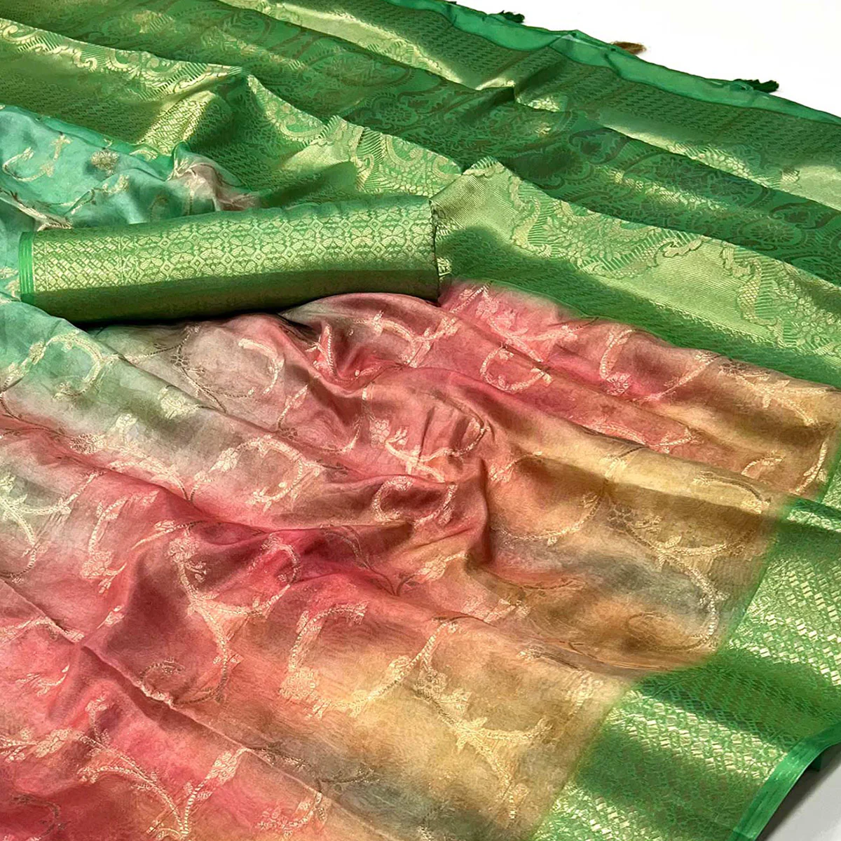 Green Floral Woven With Digital Printed Georgette Saree - Image 2